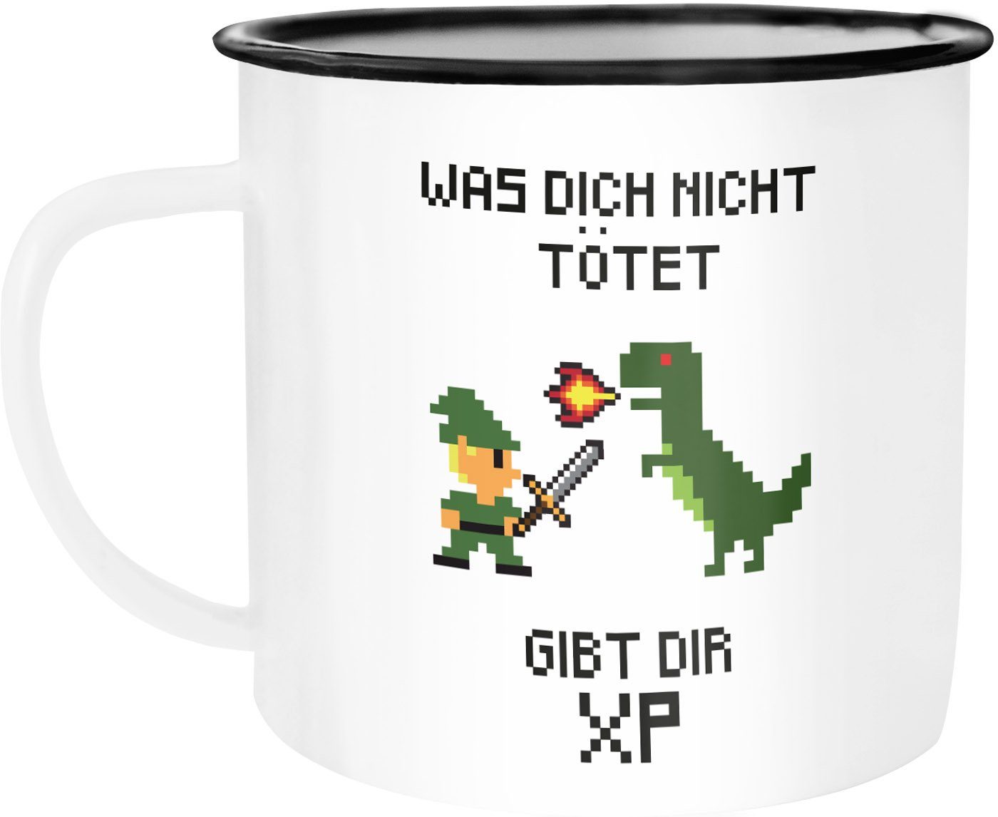 MoonWorks Tasse Emailletasse für Nerds Gamer Spruch Was dich nicht tötet gibt dir XP Computerspiel Pixel Emaillebecher MoonWorks®, emailliert und mit Aufdruck