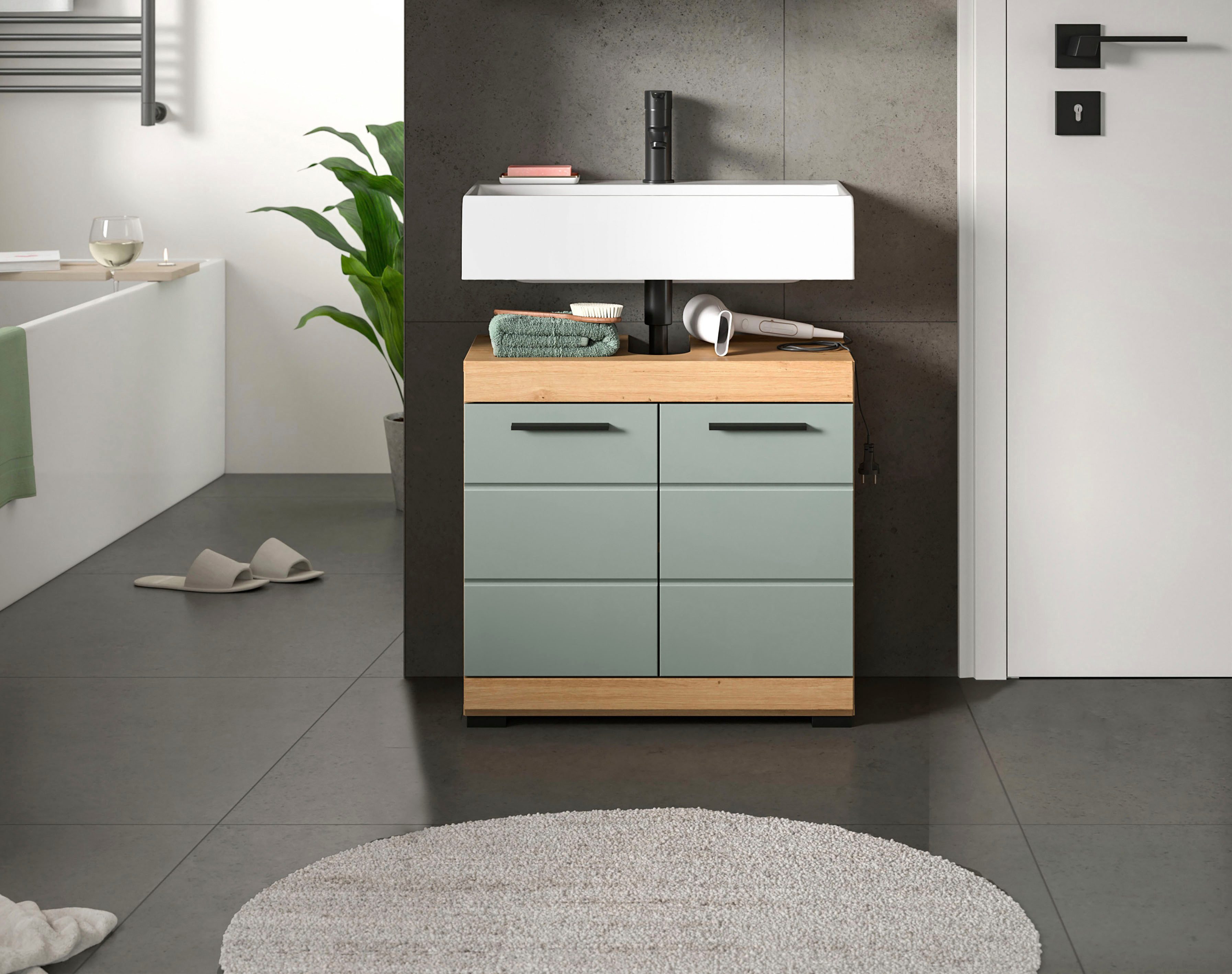 welltime Waschbeckenunterschrank SIENA, Breite 60cm, mit 2 Türen oder 2 Schubkästen, MDF-Front (1-St., TOPSELLER!, mit Siphonausschnitt 10x25 cm) in verschiedenen Farben erhältlich, Badmöbel, Badschrank, Kommode, Bad