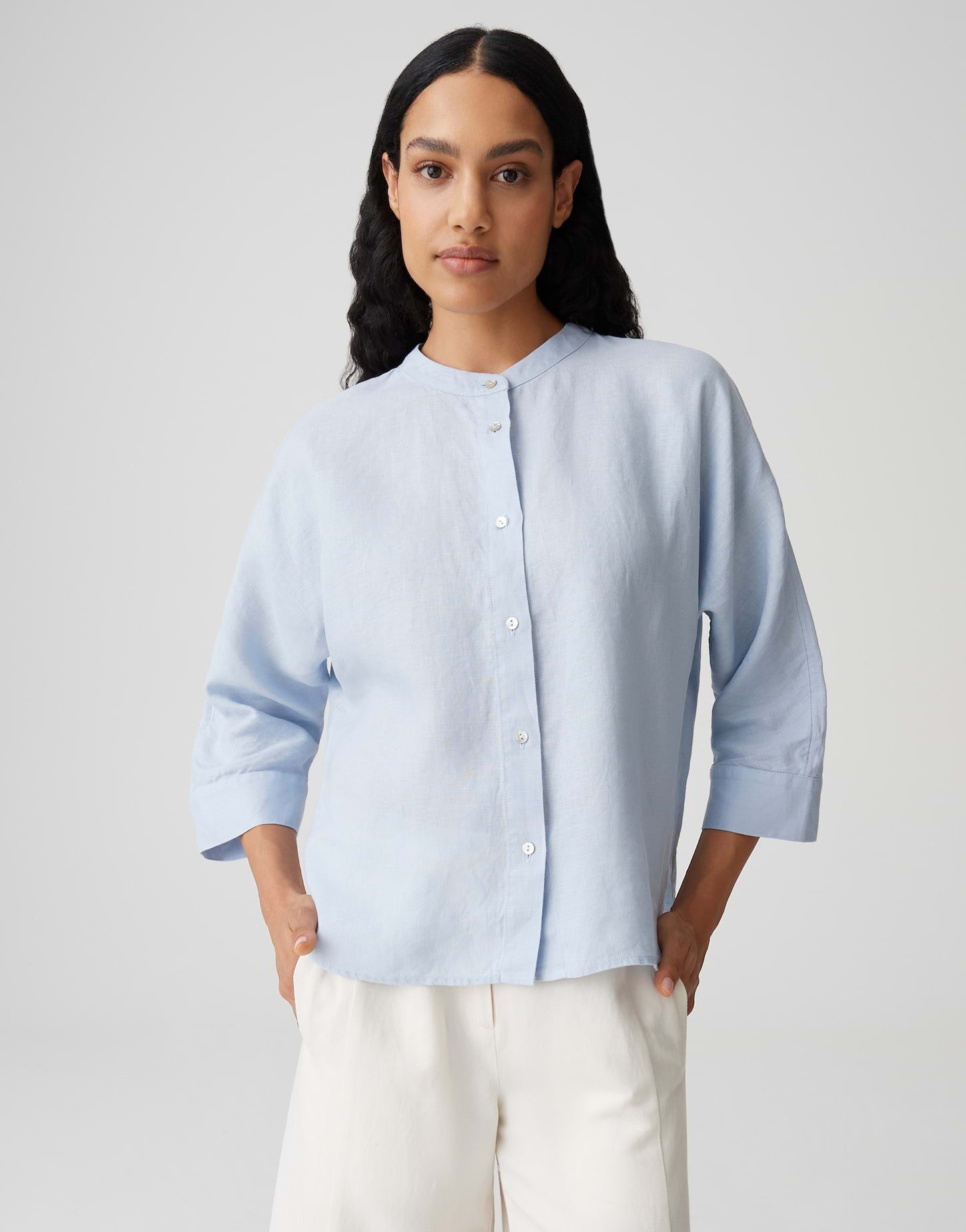 OPUS Kurzarmbluse Fulis mit Stehkragen aus Leinen leichte Transparenz, schwerer Stoff, Casual