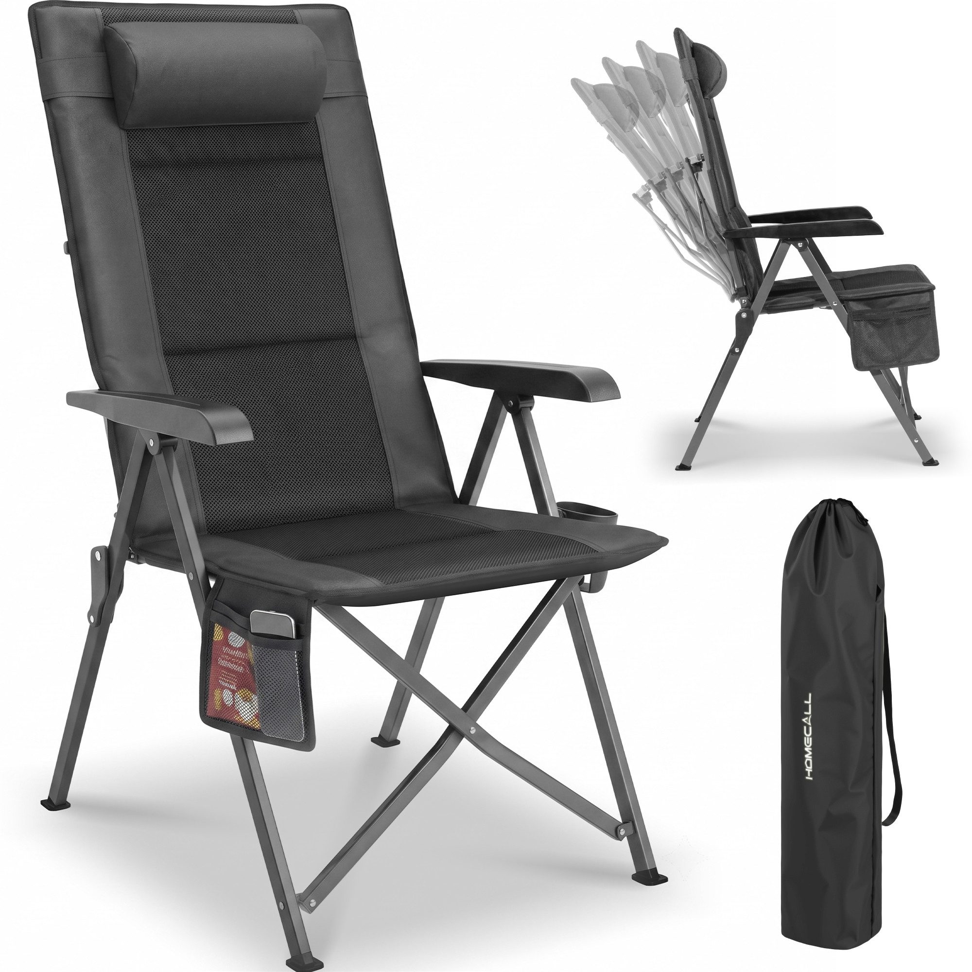 HOMECALL Klappstuhl Campingstuhl Faltbar 3D-Mesh + 600D Oxford Gartenstuhl Hohe Lehne (bis 150 KG mit Seitentasche Getränkhalter), Angelstuhl für Camp Garten Balkon
