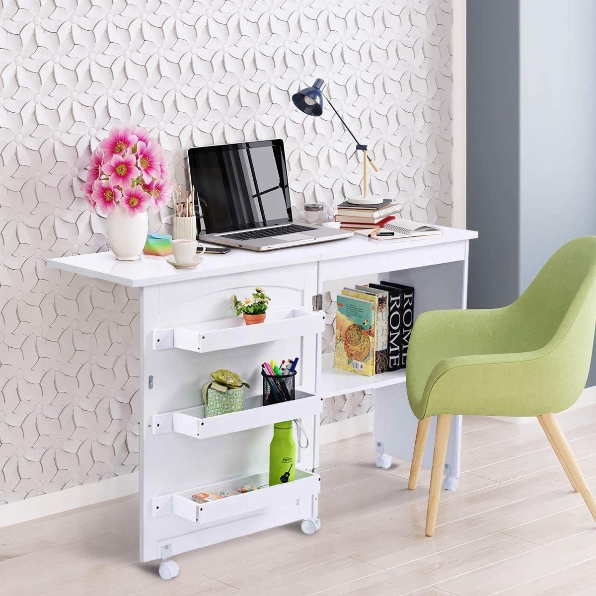 COSTWAY Regal-Schreibtisch, klappbar & rollbar, mit 118,5x40x79,5cm Weiß Stauraum
