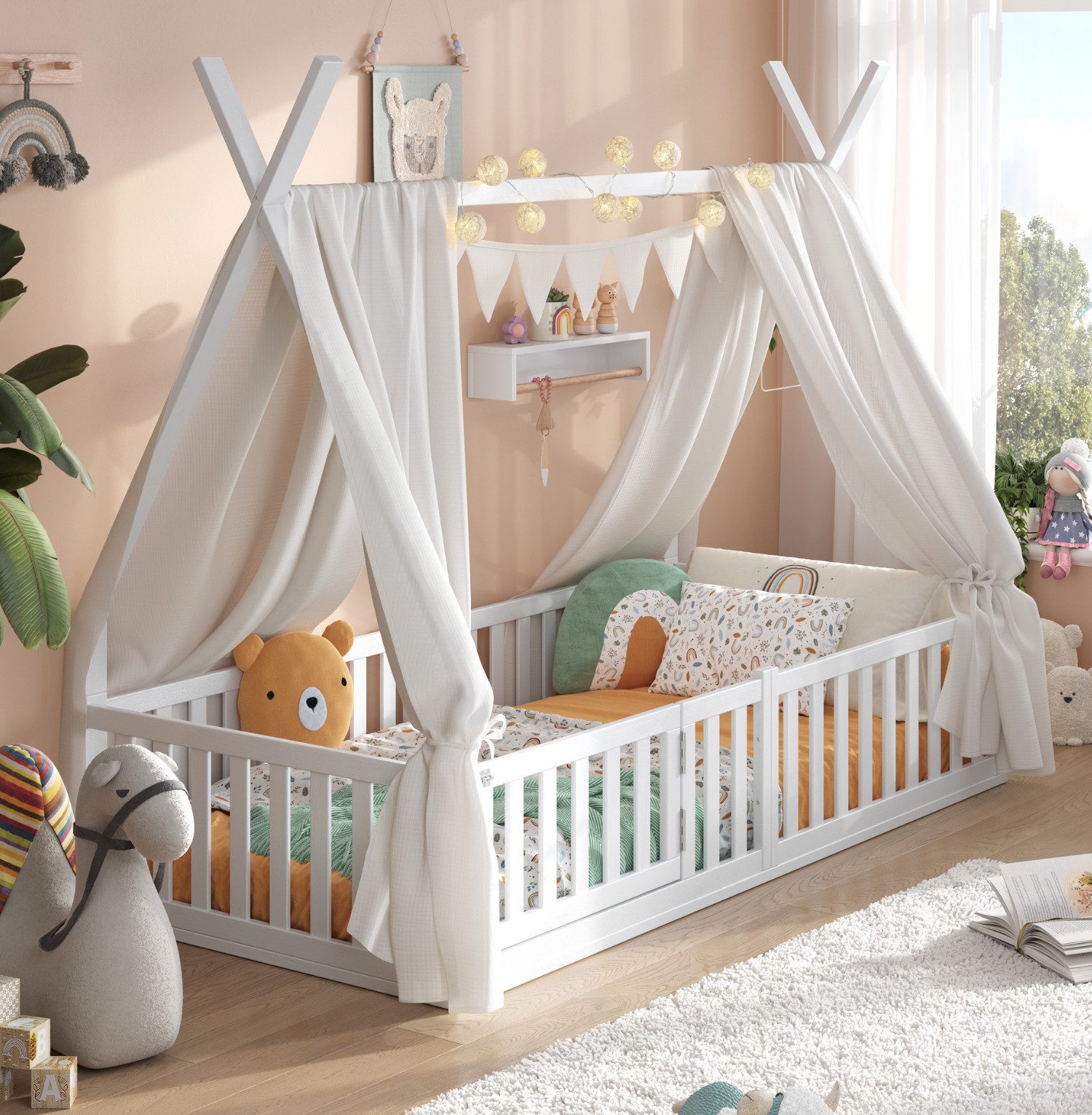 Alavya Home® Kinderbett Hausbett Bodenbett SKY SET aus Buche – FSC® 100% mit Tür & Deko (Hausbett 90x200 cm SET mit Tür, Decoration Weiß, Matratze, Rausfallschutz & Lattenrost Kinderbett 90x200), bodentiefes Jugendbett weiß massiv BUCHE für Junge Mädchen