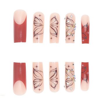 YRIIOMO Kunstfingernägel Verschleißfestes langes, Schmetterlings-Glitzer-Manikürerohr-Nagelpflaster, fertiges Produkt