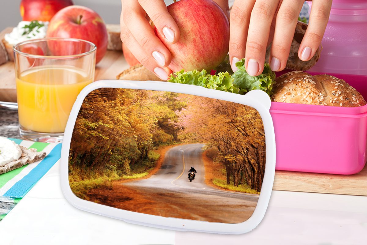 MuchoWow Lunchbox Snackbox, Kunststoff, Brotbox zwischen Kinder, Mädchen, Herbstbäumen, Brotdose Motorrad (2-tlg), rosa Erwachsene, für Kunststoff