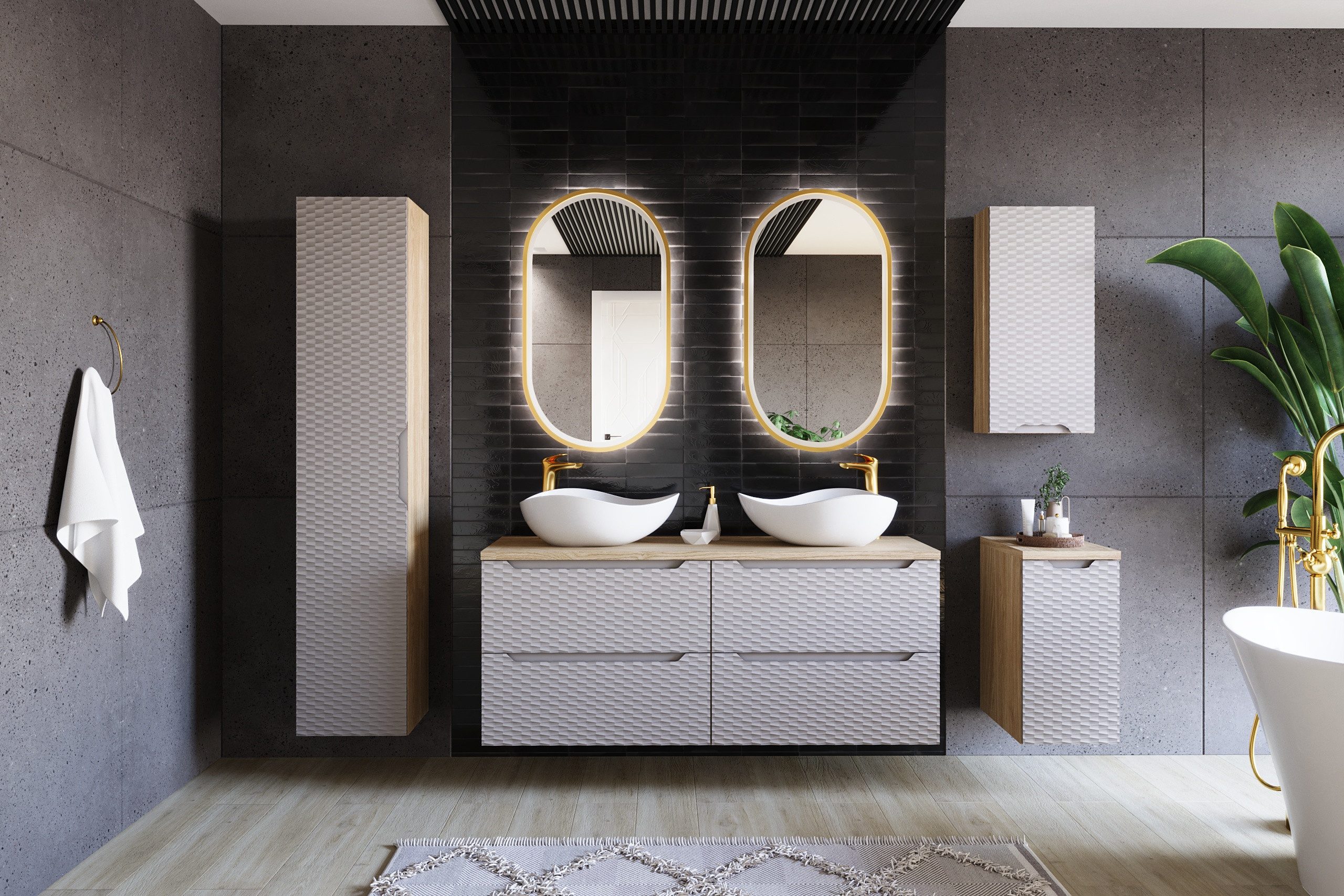 einfachgutemoebel Waschtisch-Set Badezimmer Hängeschrank OZEAN Achat 35cm 1-türig, beige-oak, (Badmöbel Set, 1-St., Waschtisch Unterschrank)