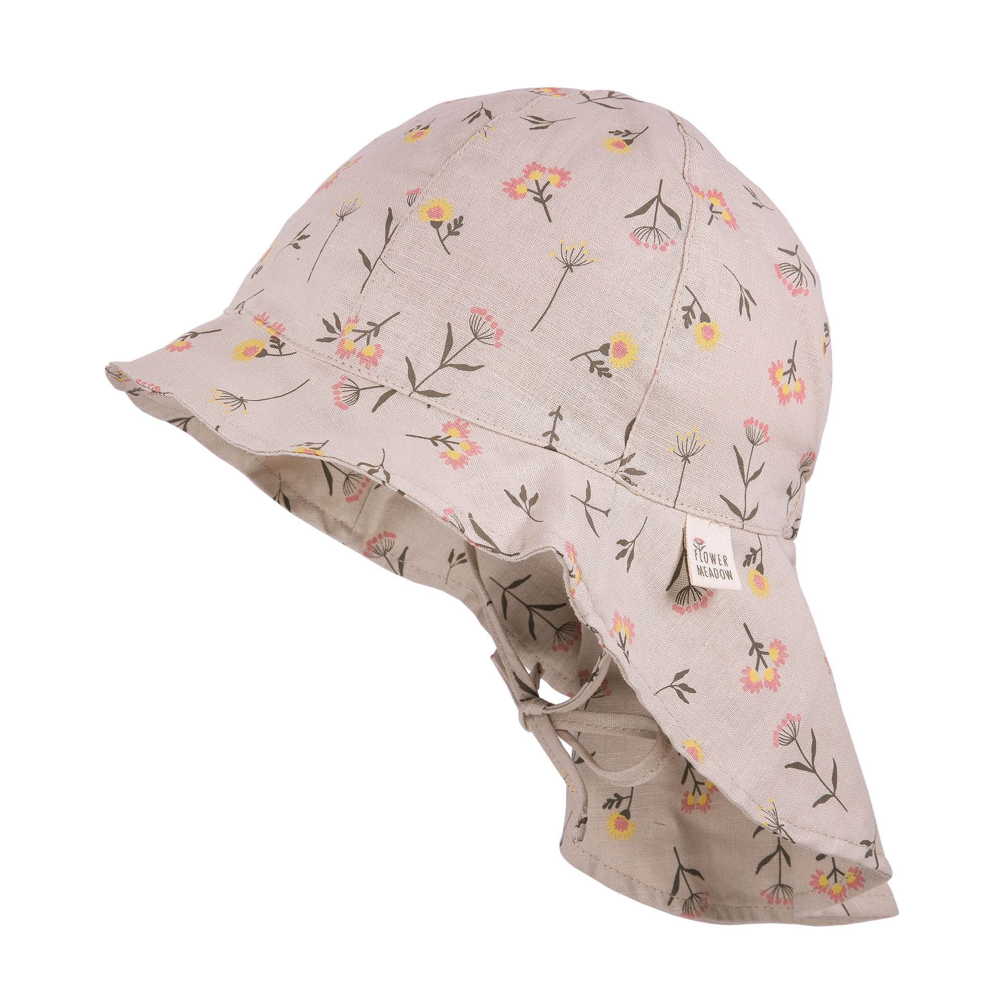 MAXIMO Sonnenhut (1-St) Beige, Sonnenhut, Blume, Leinenmix, Band, Nackenschutz, Allover-Motiv