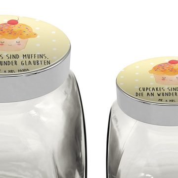 Mr. & Mrs. Panda Vorratsglas XL 2000ml Cupcake - Gelb Pastell - Geschenk, Gute Laune, lustige Sprü, Premium Glas, (1-tlg), Mit Motiv