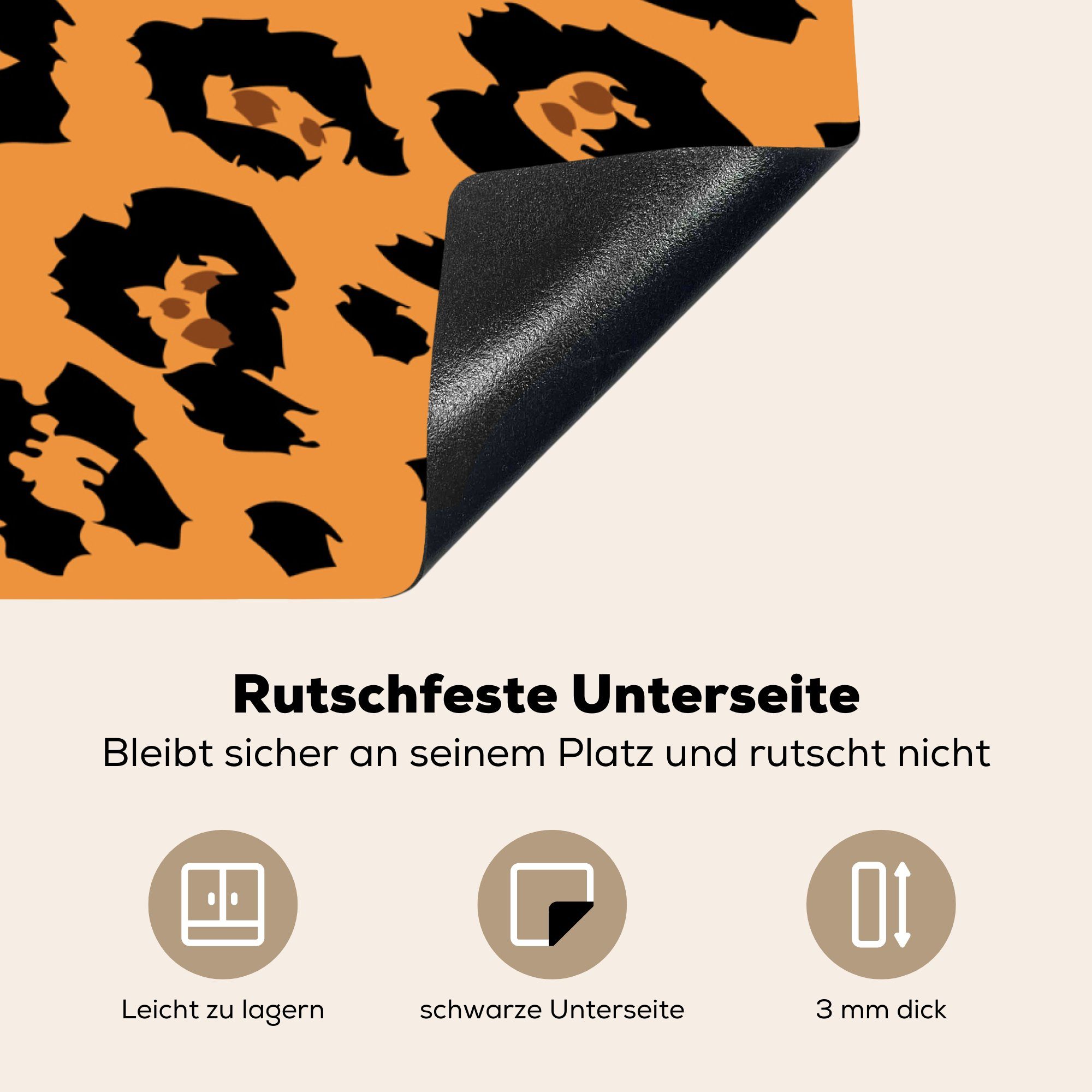 cm, - für Schwarz, Arbeitsplatte 78x78 - küche Herdblende-/Abdeckplatte MuchoWow Vinyl, (1 Ceranfeldabdeckung, tlg), Orange Pantherdruck