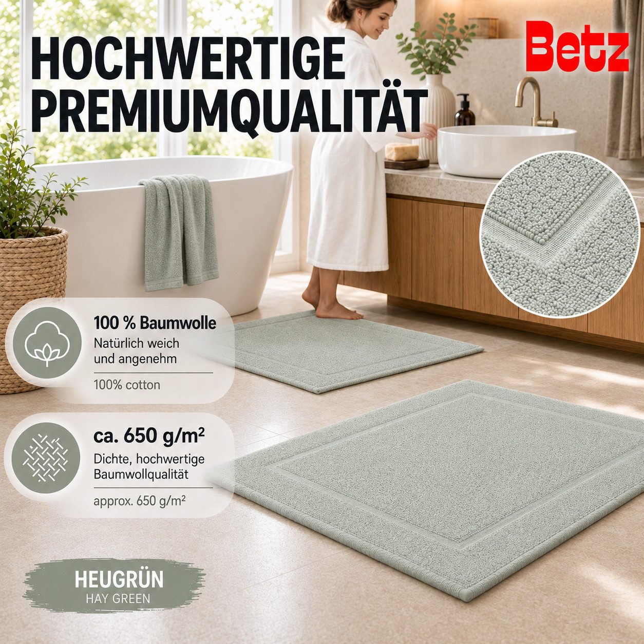 Betz Badematte 2 Stück Badvorleger Premium Badteppich Größe 50x70 cm, unbeschichtet, beidseitig nutzbar, beidseitig nutzbar, Baumwolle, Qualität 650g/m² – Bild 4 von 5