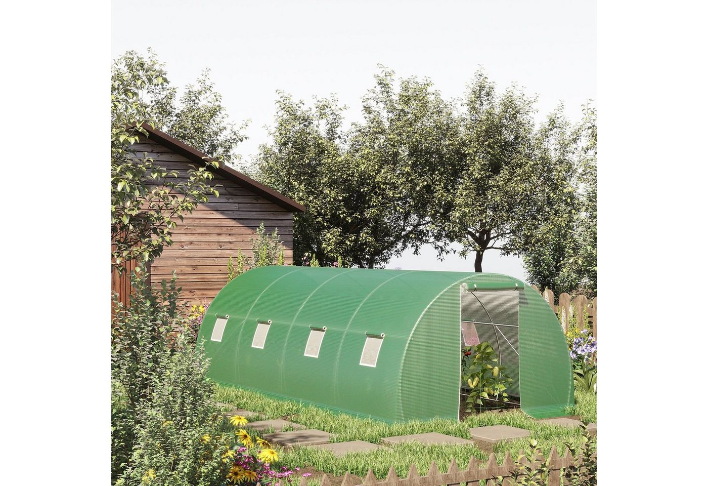 Thumbnail - Outsunny Foliengewächshaus begehbares Polytunnel Gewächshaus mit 8 Fenster Treibhaus, BxTxH: 600 x 300 x 200 cm, BxLxH: ...