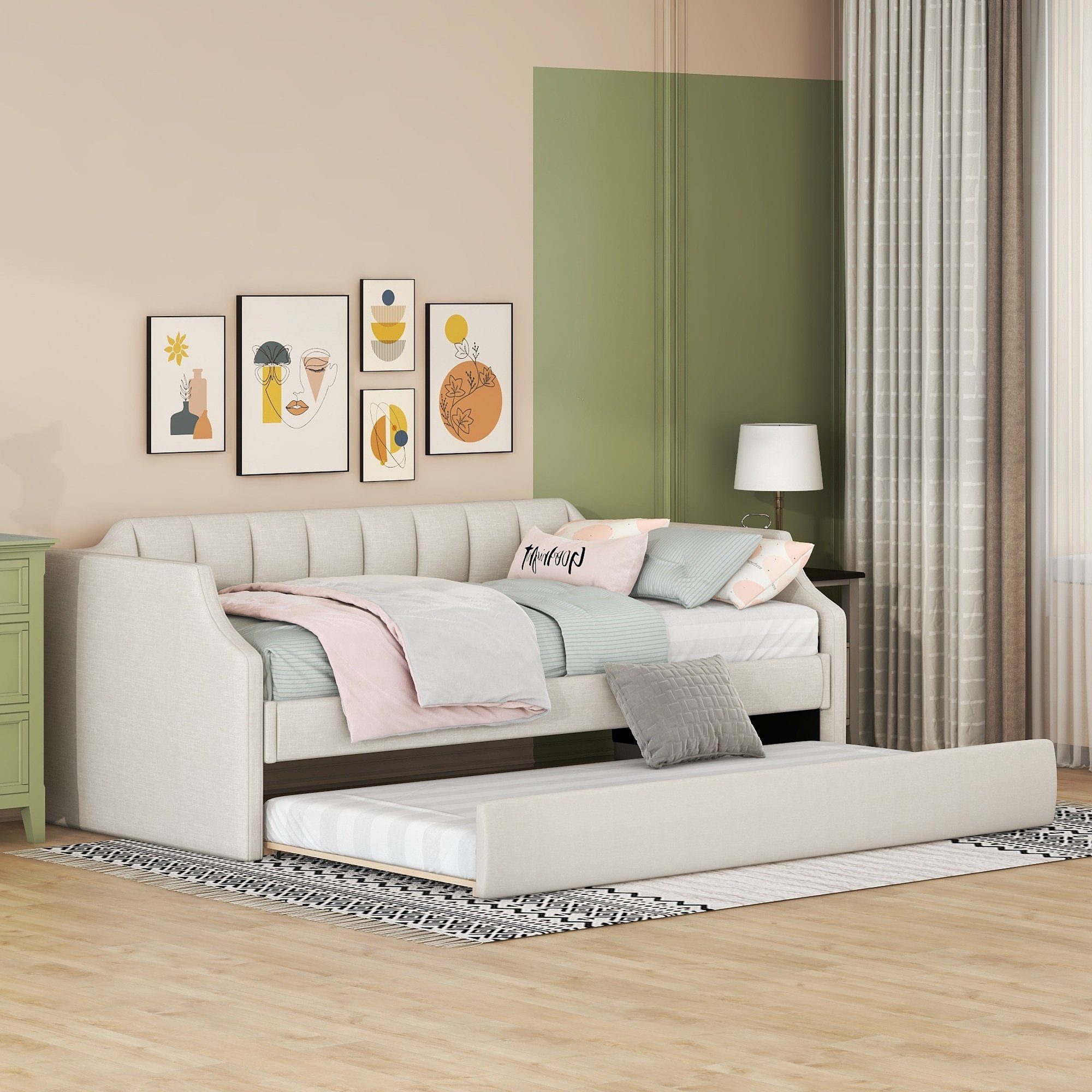 SOFTWEARY Schlafsofa mit Bettfunktion und Gästebett, inkl. Lattenrost, 90x200 cm/90x190 cm, Einzelbett, Jugendbett, Leinen – Bild 3 von 5