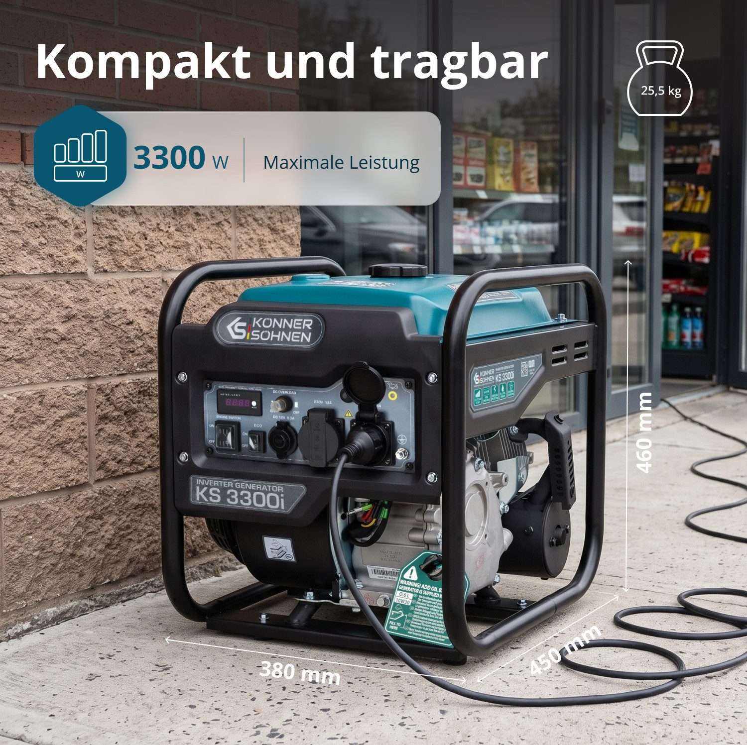 Könner & Söhnen Stromerzeuger KS 3300i, 3,30 in kW, (Inverter-Generator 3.3kW mit reiner Sinuswelle & Euro 5, 1-tlg., 3300W Peak, stabile 230V Spannung, LED-Display, 12V Anschluss), Reine Sinuswelle, Kupferwicklung, Euro 5, Reset-Taste