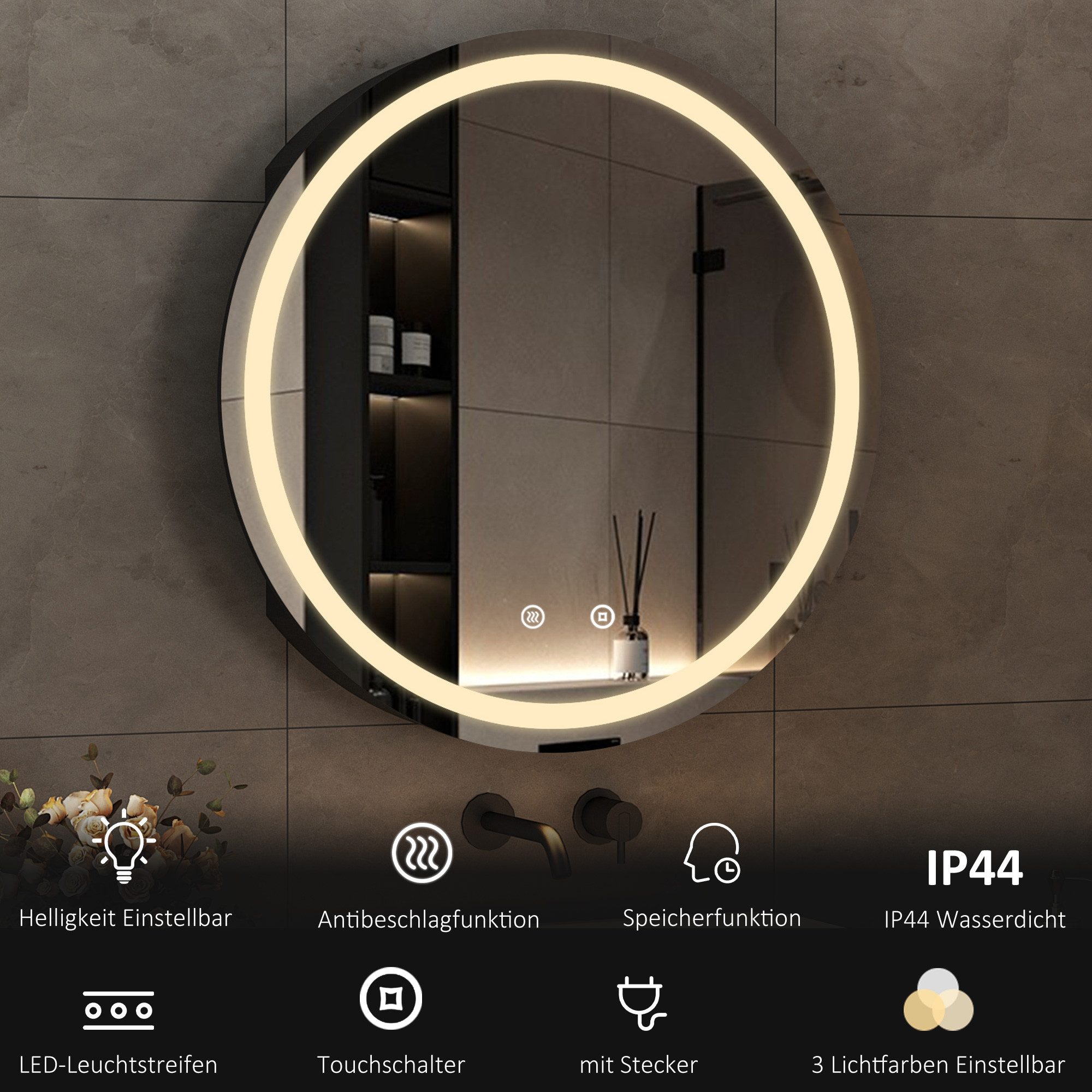 WDWRITTI Spiegelschrank mit Beleuchtung Badezimmer Schrank Schwarz Rund Ø60cm (LED Badezimmerspiegelschrank 60x60cm, mit 3000-6500K Licht) Helligkeit dimmbar, Speicherfunktion, Stahlregale, mit Netzadapter