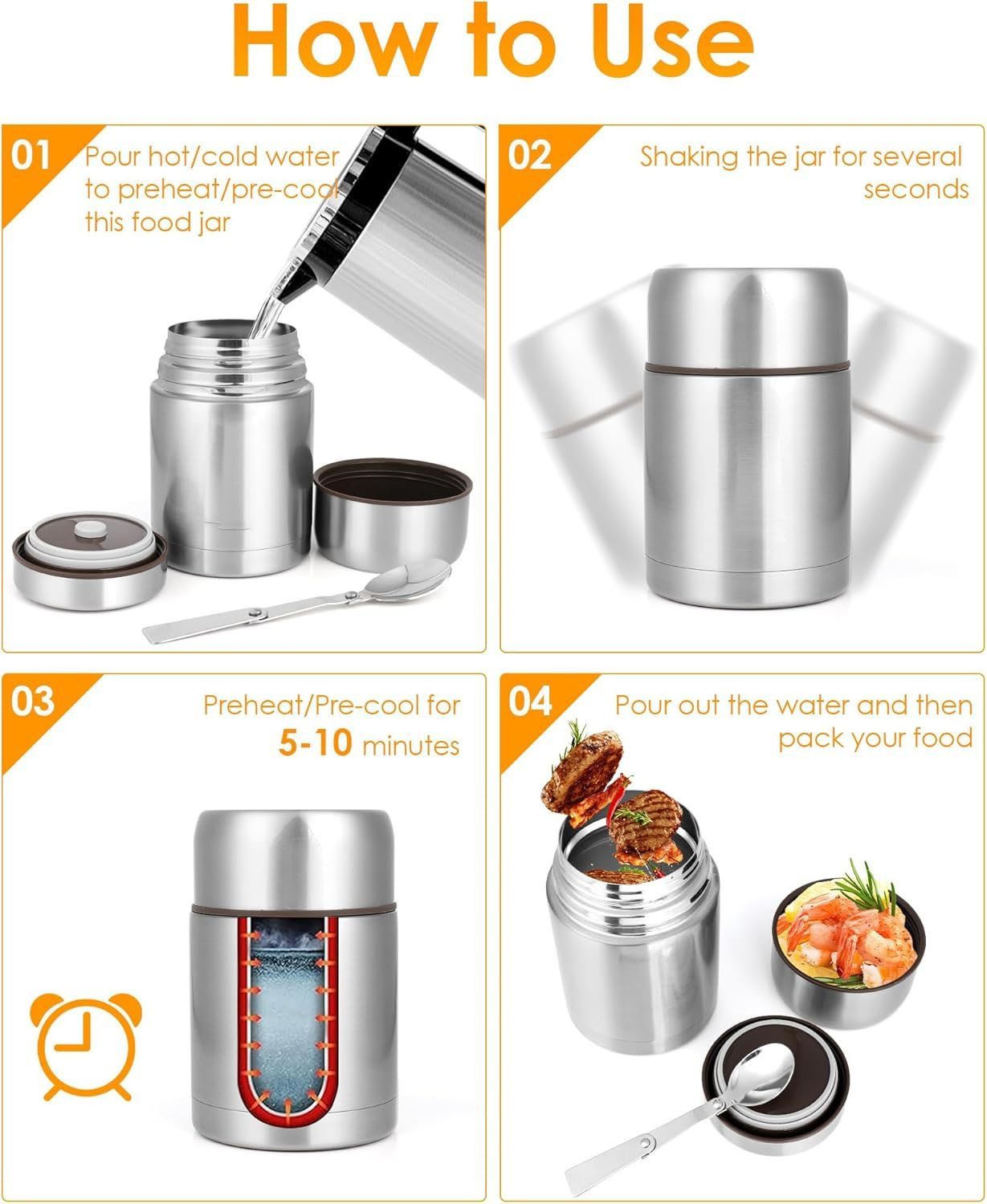 SURFOU Thermobehälter Thermobehälter Für Essen 800ML, Thermobecher Wärmebehälter, Thermobox, Edelstahl, (Lebensmittelechter Edelstahl Warmhaltebehälter Speisege – Bild 2 von 5
