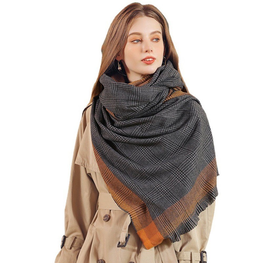 XDeer Wollschal Damen Schal/Dreieckstuch,Schal Poncho mit Fransen, Schal mit Karo,Halstuch Geschenk für Frauen orange