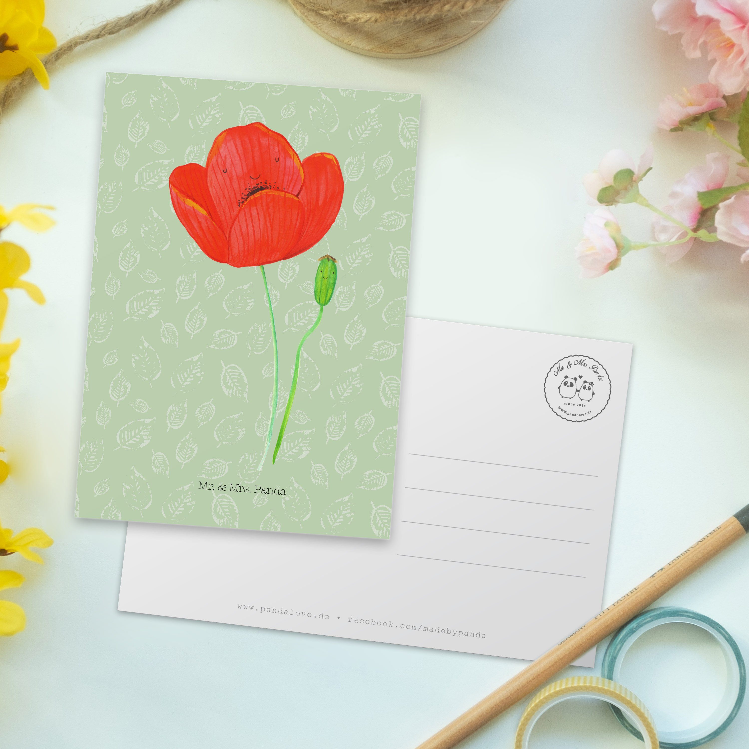- Geschenk, & Mr. Dankeskarte, Einladung, - R Pflanzen, Panda Mrs. Mohnblume Blattgrün Postkarte