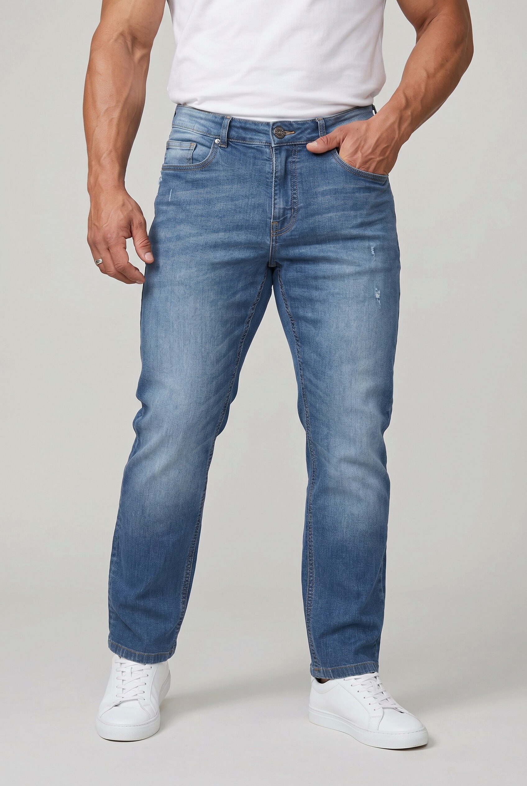 Men Plus 5-Pocket-Jeans Jeans Bauchfit Regular Fit 5-Pocket Destroy Denim