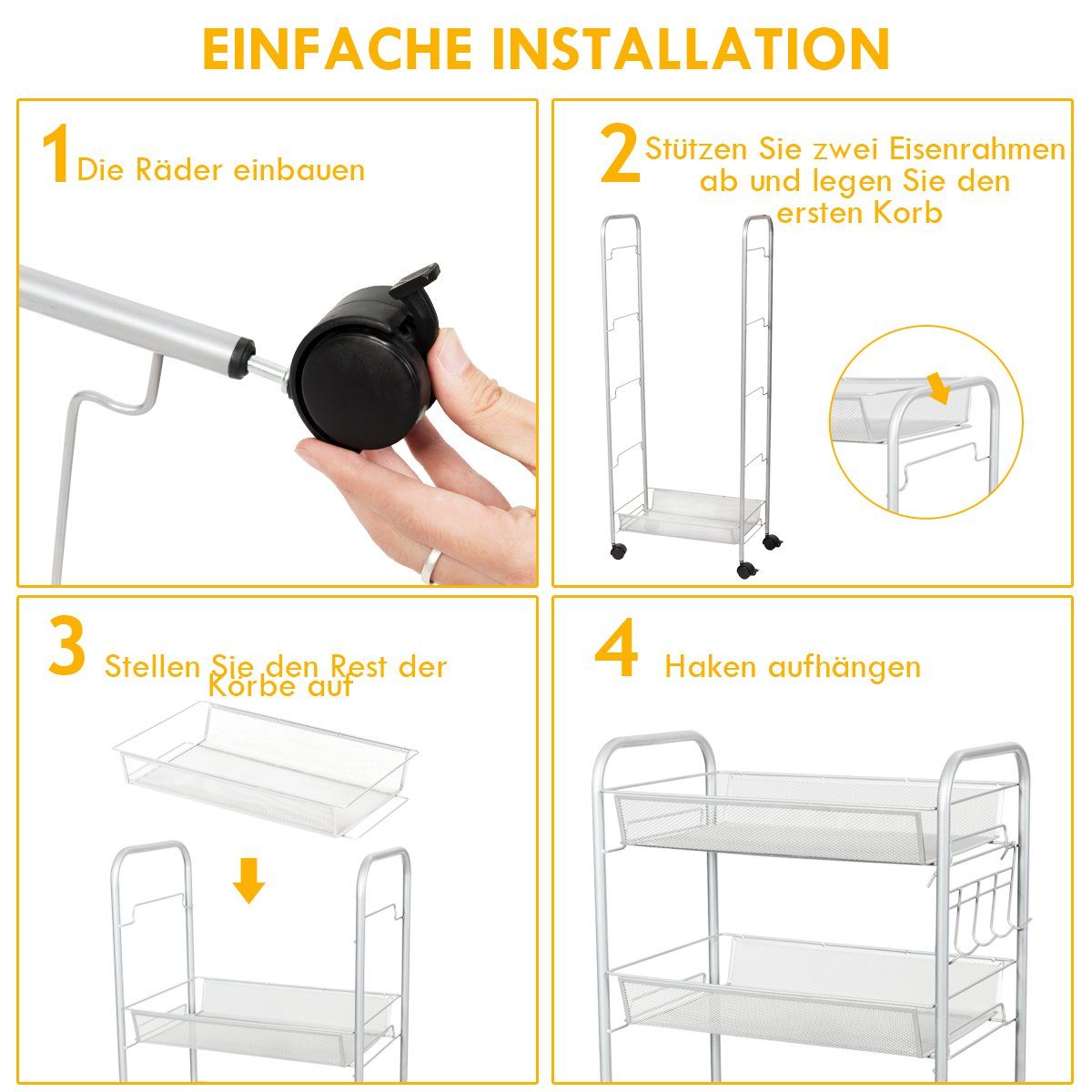 COSTWAY 104cm Grau mit und 43,5 Servierwagen, x Universalrädern x 26 Haken,