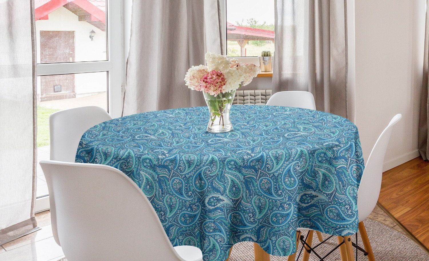 Tischdecke Abakuhaus Kreis Abdeckung Paisley Tischdecke Töne Esszimmer für Floral Dekoration, Oriental Küche Blaue