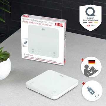 ADE Küchenwaage KE2100 Digitale Waage mit Akku (Aufladen per USB-Kabel), Aufladung per USB-Kabel, integriertem Timer, perfekt als Kaffeewaage