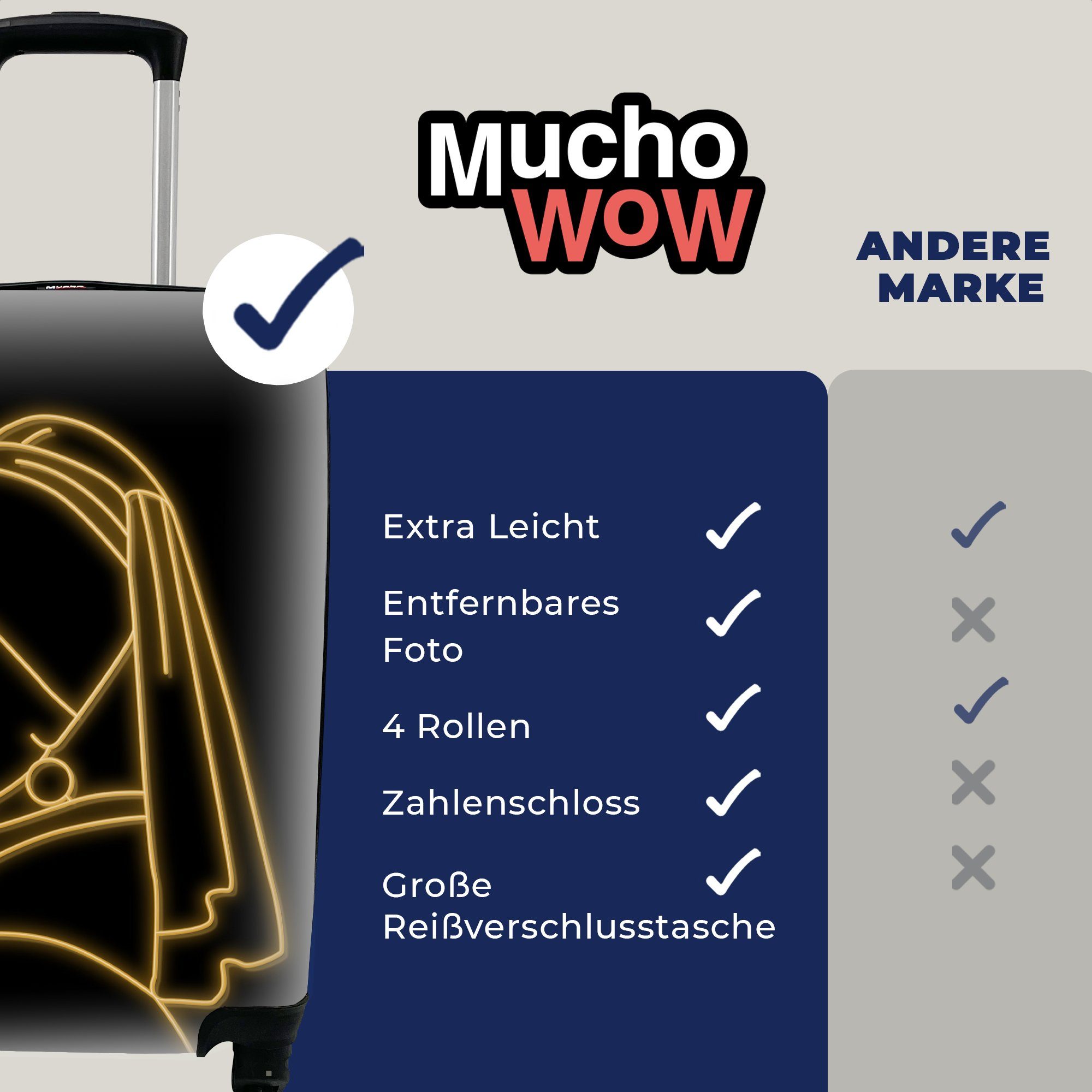 rollen, mit Johannes Handgepäckkoffer 4 mit Trolley, Handgepäck MuchoWow - Perlenohrring einem Reisetasche Vermeer Mädchen Ferien, Rollen, Reisekoffer Gold, für -