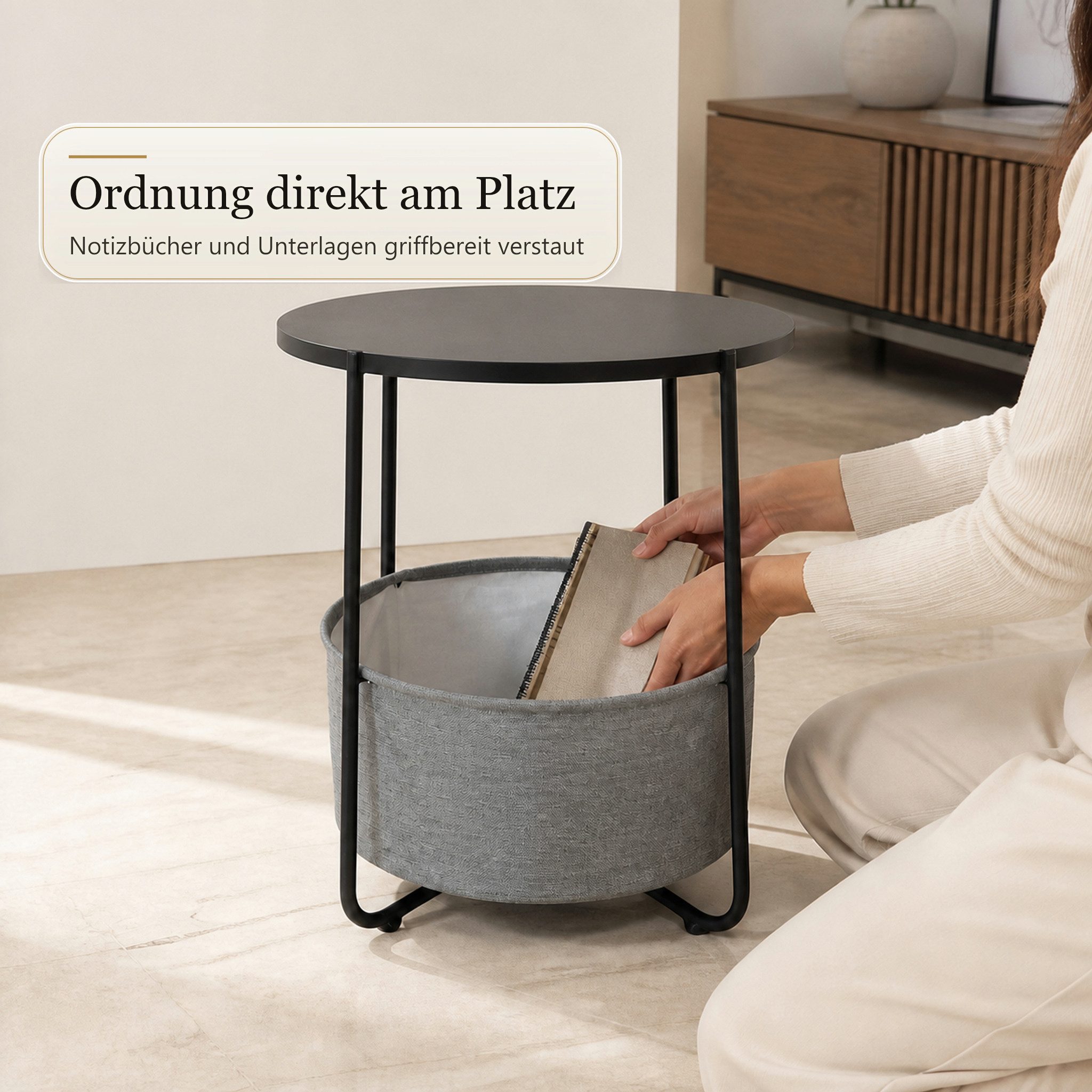 Floordirekt Beistelltisch Luca runder Sofatisch mit Stoffkorb Stauraum 45 cm 4 Farben, 2-in-1-Design – Bild 3 von 5