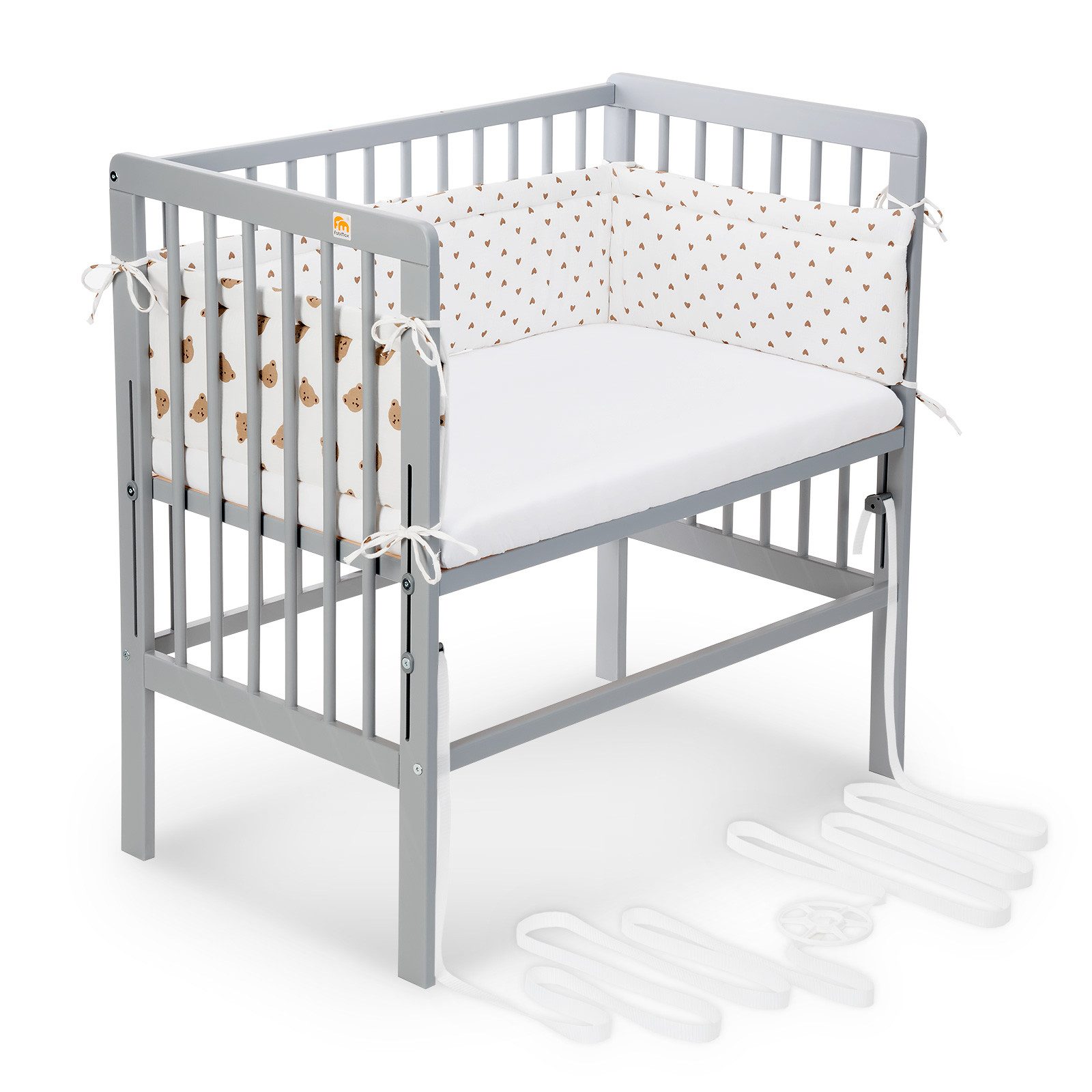 FabiMax Beistellbett Babybett Boxspring grau, 90 x 55 cm Liegefläche, aus Buchenholz, Stufenlos höhenverstellbar 40-73 cm, Holz-Lattenrost
