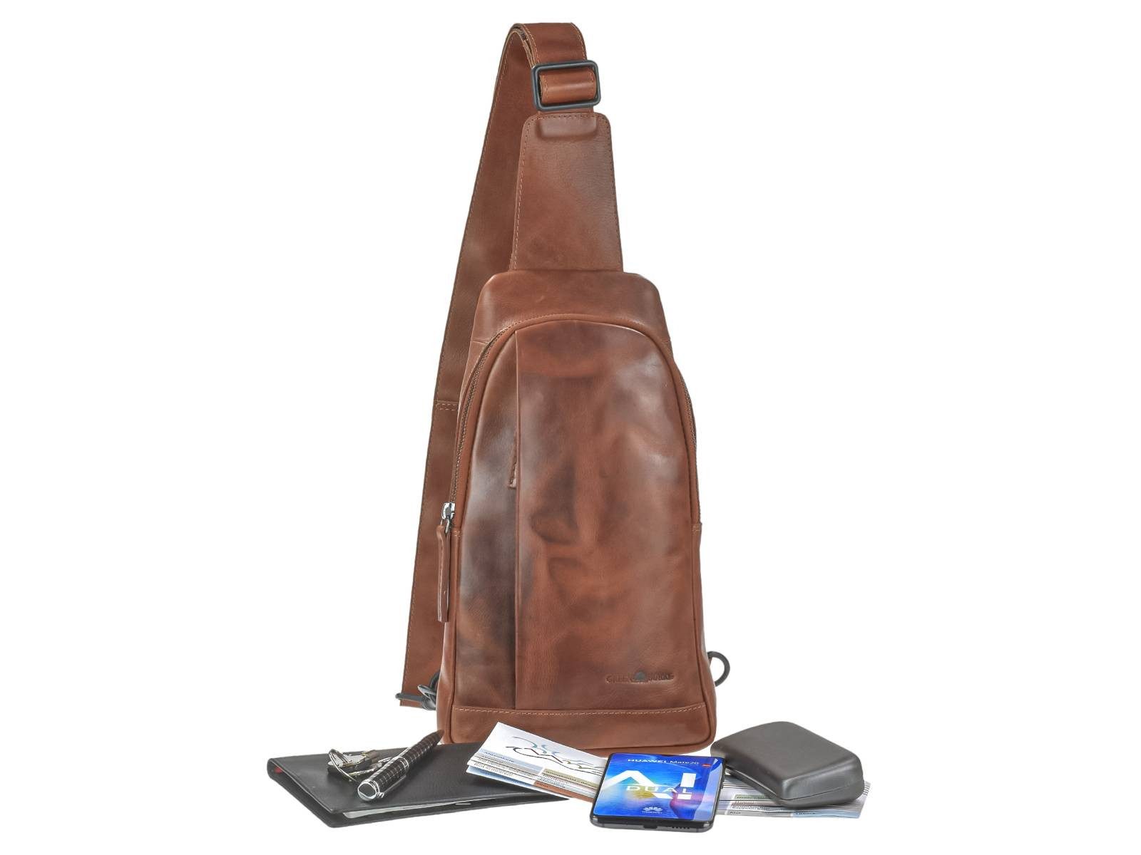 Greenburry Umhängetasche "Newport" Leder Crossover-Bag Crossbody Tasche Slingbag Herren Damen, Hauptfach 16x28cm, Gurt 100-150 cm