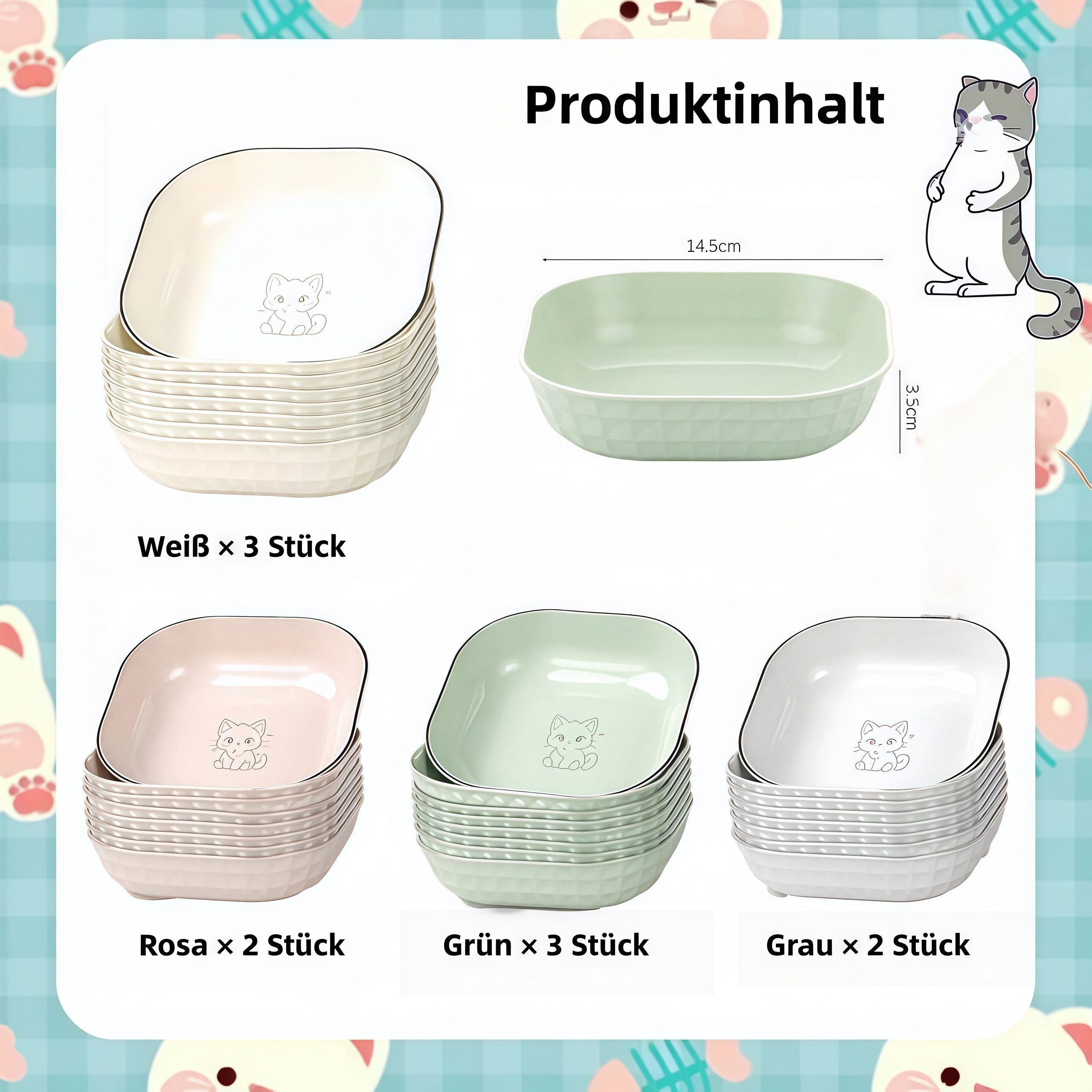 FOUORTUNATE-BEE Napf-Set 10-teiliges Katzennapf-Set für Trocken- und Nassfutter, Quadratische Futternäpfe für Katzen im praktischen Set