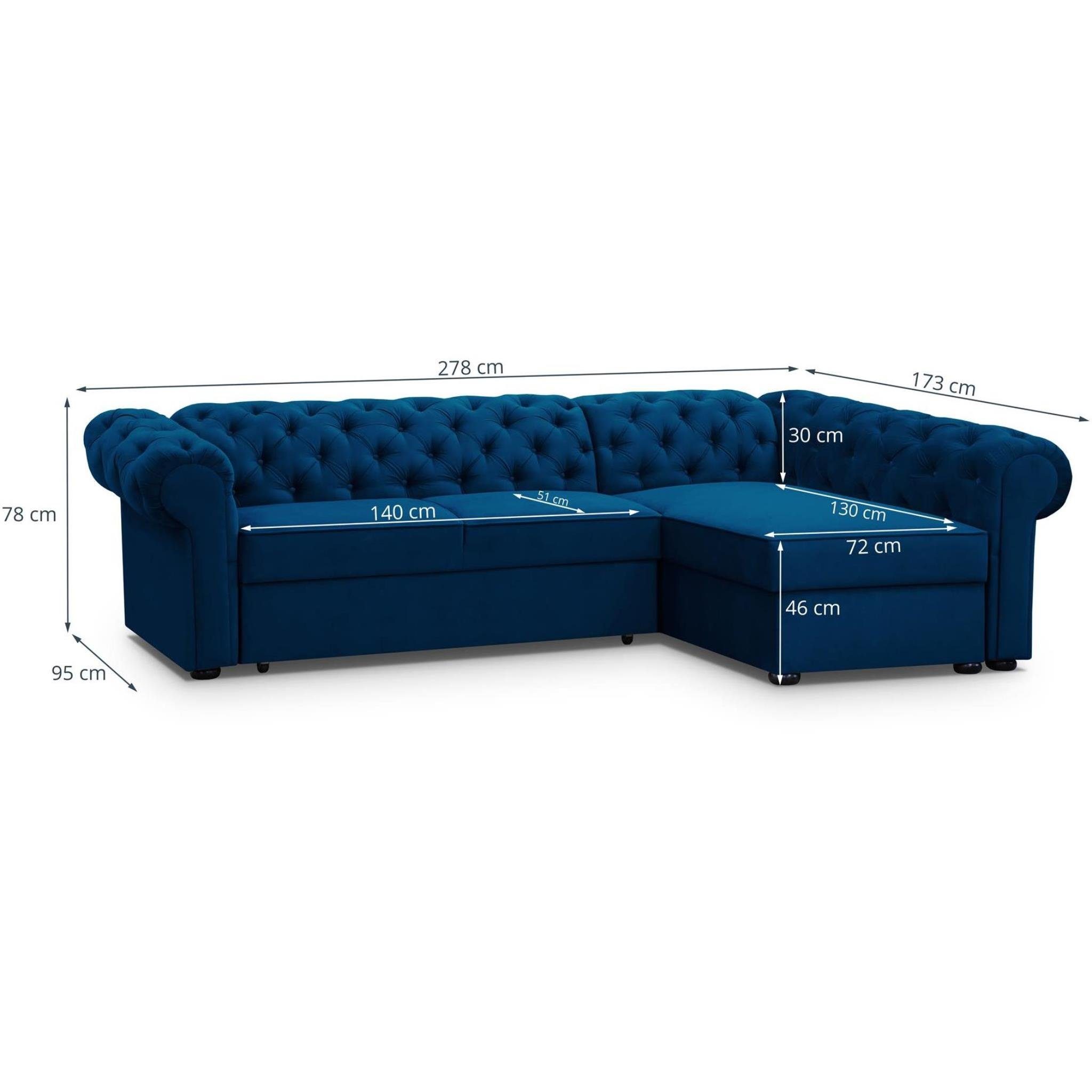 Beautysofa mit mit oder aus Relaxfunktion, (kronos mane Marineblau 2x L-Form 09) Bettkästen links Polsterecke rechts Chester, Ecksofa Velour, montierbar,