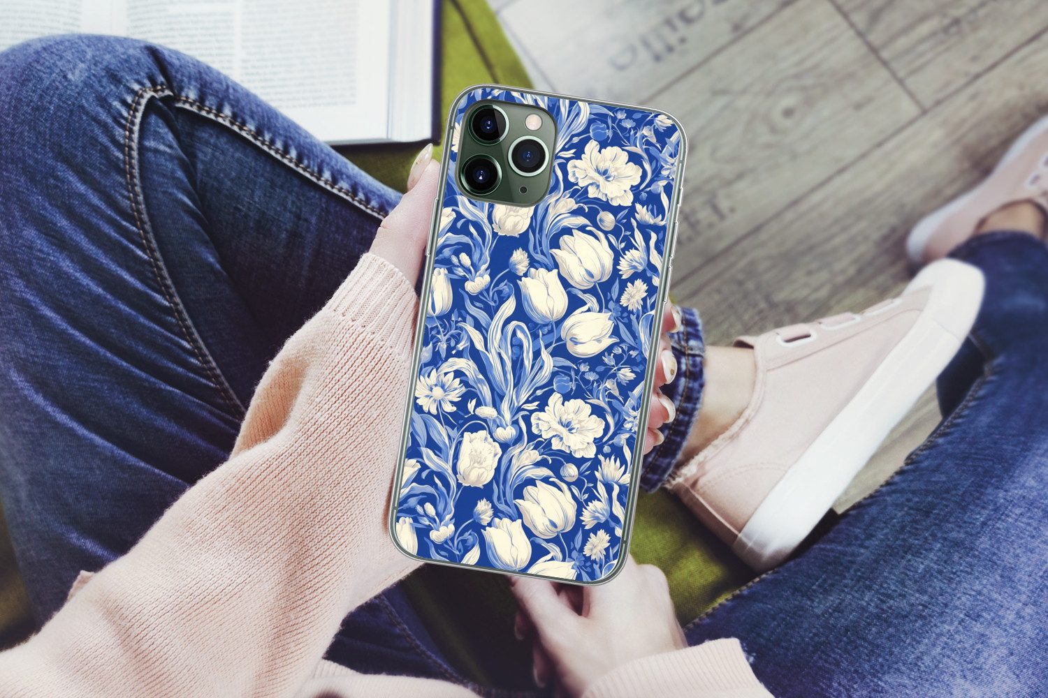 MuchoWow Handyhülle für Apple iPhone 11 Pro Blumen - Delfter Blau - Muster - Tulpe, Smartphone-Bumper, Print, Handy Schutzhülle Dünn