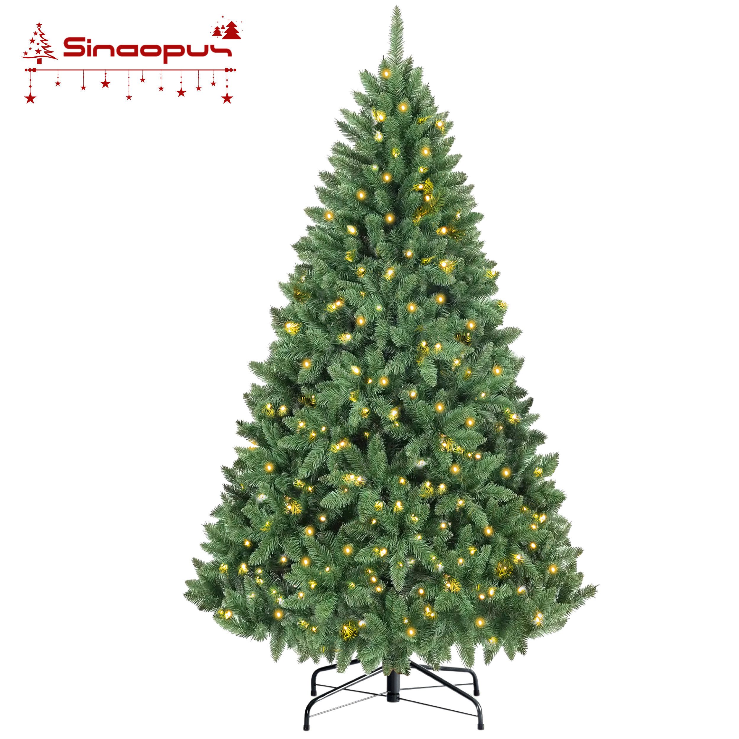 Sinaopus Künstlicher Weihnachtsbaum 180cm, Weihnachtsbaum mit Beleuchtung, schwer entflammbares PVC, Künstlicher Tannenbaum, Christbaum mit Metallständer, Weihnachtsdeko, 1200 Spitzen, 8 warmgelbe Lichtmodi, dicht, leicht aufzubauen