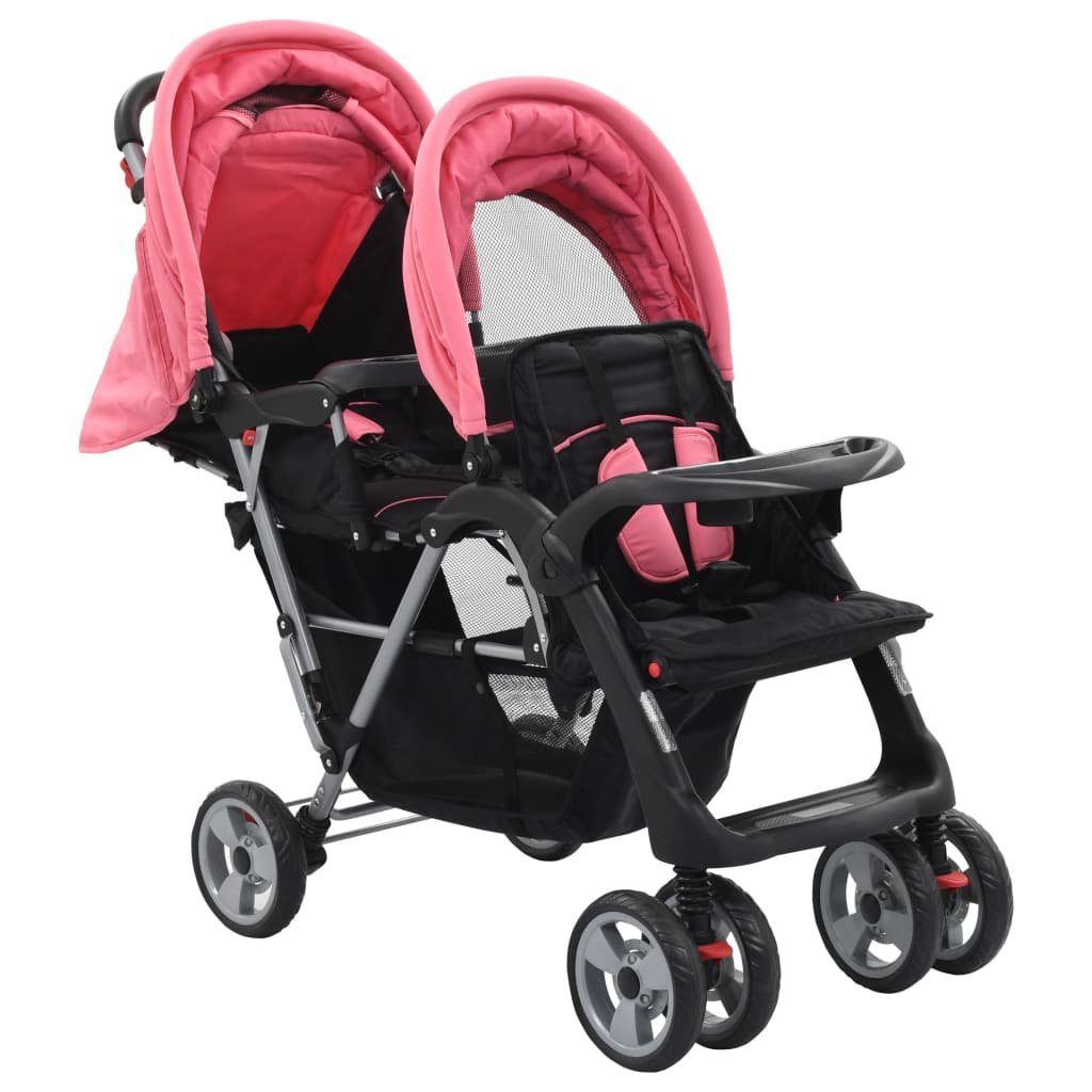 vidaXL Kinder-Buggy Tandem-Kinderwagen Stahl Rosa und Schwarz Rosa | Rosa