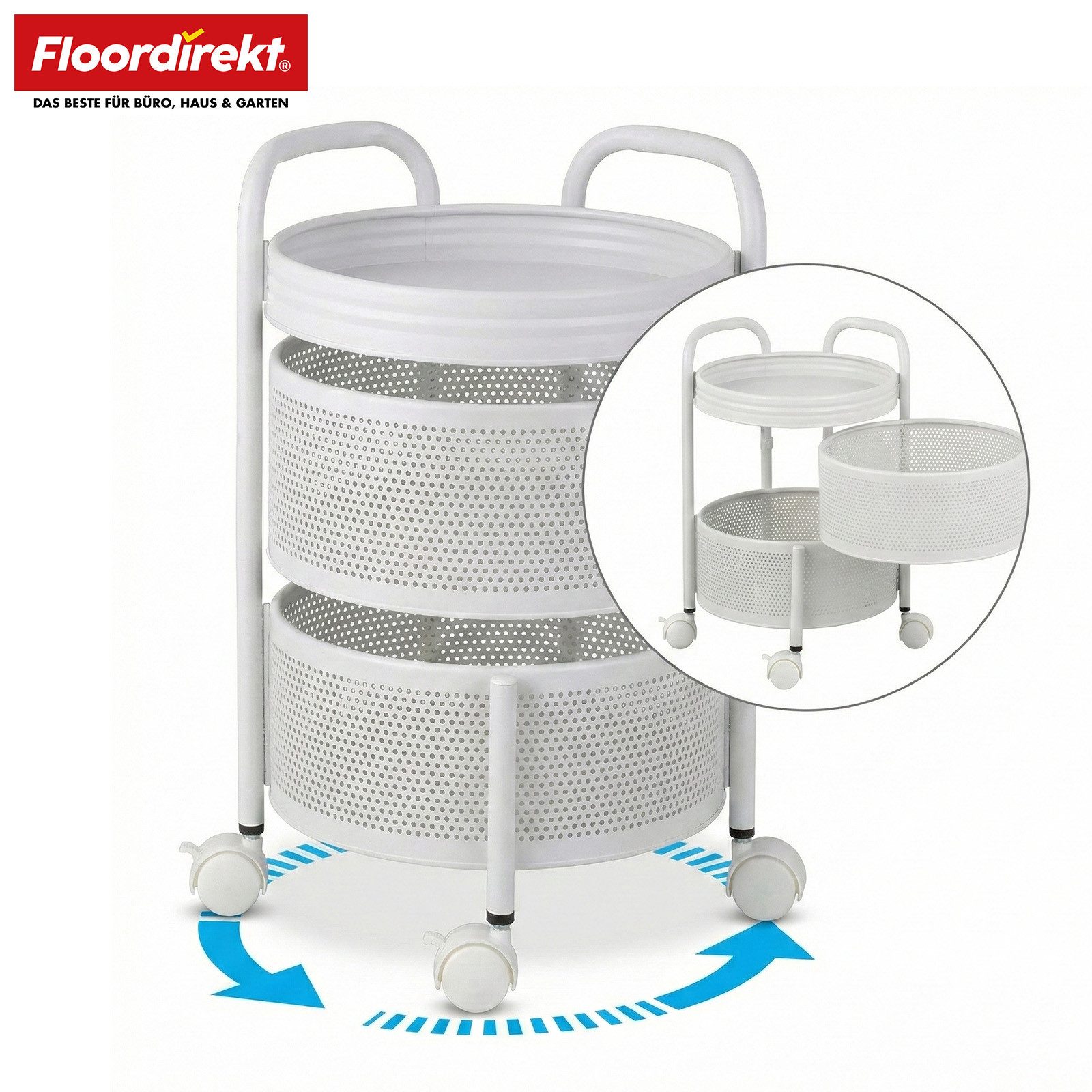 Floordirekt Rollwagen Henry rostfreier Stahl weiß & Schwarz, 3 oder 5 Etagen mit Körben, für Vorräte, Badutensilien oder Bürobedarf, Rollen mit Feststellbremse