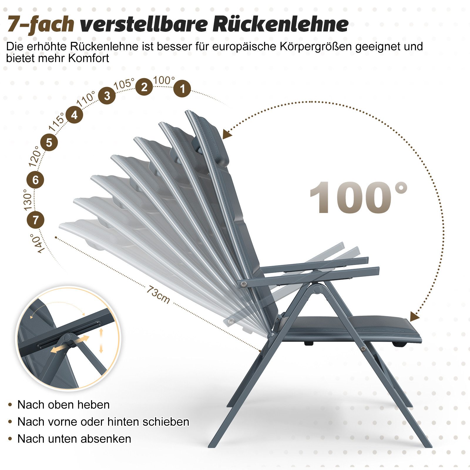 GUNJI Gartenstuhl Klappsessel Faltbarer Liegesessel 7-fach verstellbar mit Armlehnen (Set, 2 St), 150 kg belastbar, UV-beständiger, Aluminiumrahmen für Balkon & Garten