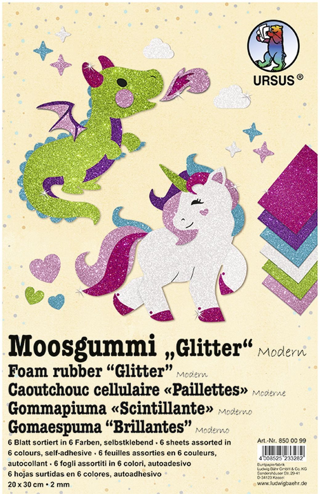 Ursus - Ludwig Bähr Bastelfilz Moosgummi 2mm 20x30cm VE=6 Blatt 6 Farben Glitter Modern
