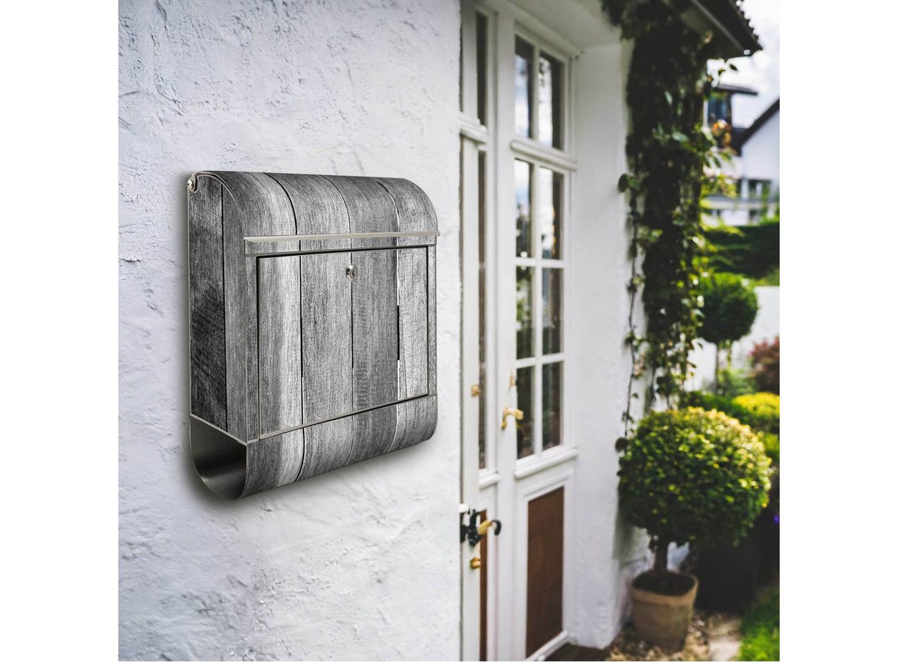 Thumbnail - banjado Wandbriefkasten Edelstahl Holz Monochrom (Wandbriefkasten groß, mit Zeitungsfach), 38 x 42,5 x12cm