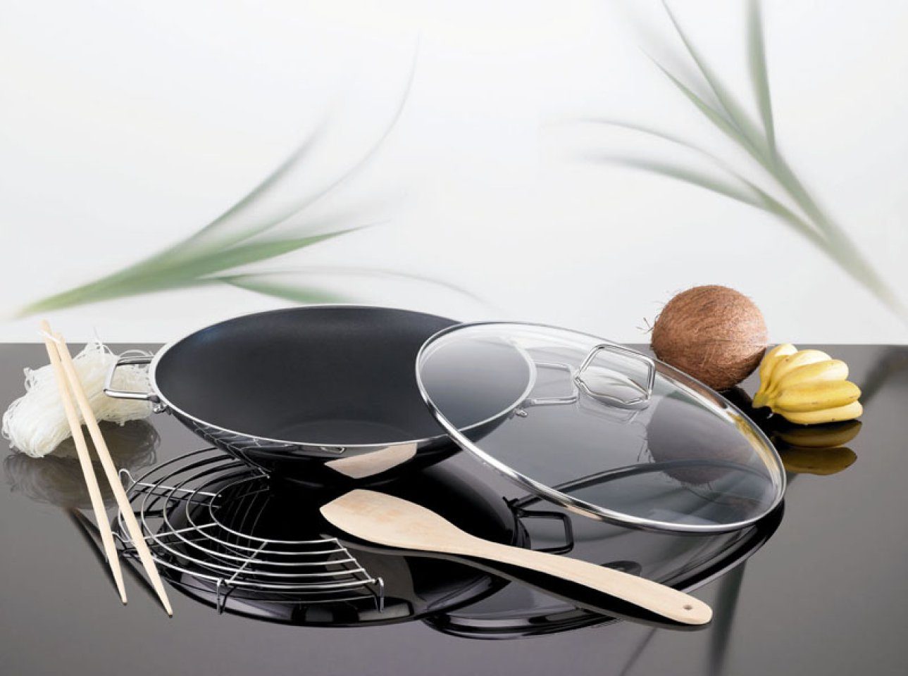 SCHULTE-UFER Wok Wega, Edelstahl beschichtet (Set, 3-tlg., 1 x Wok, 1 x Deckel, 1 x Ablagegitter), Ø 34 cm