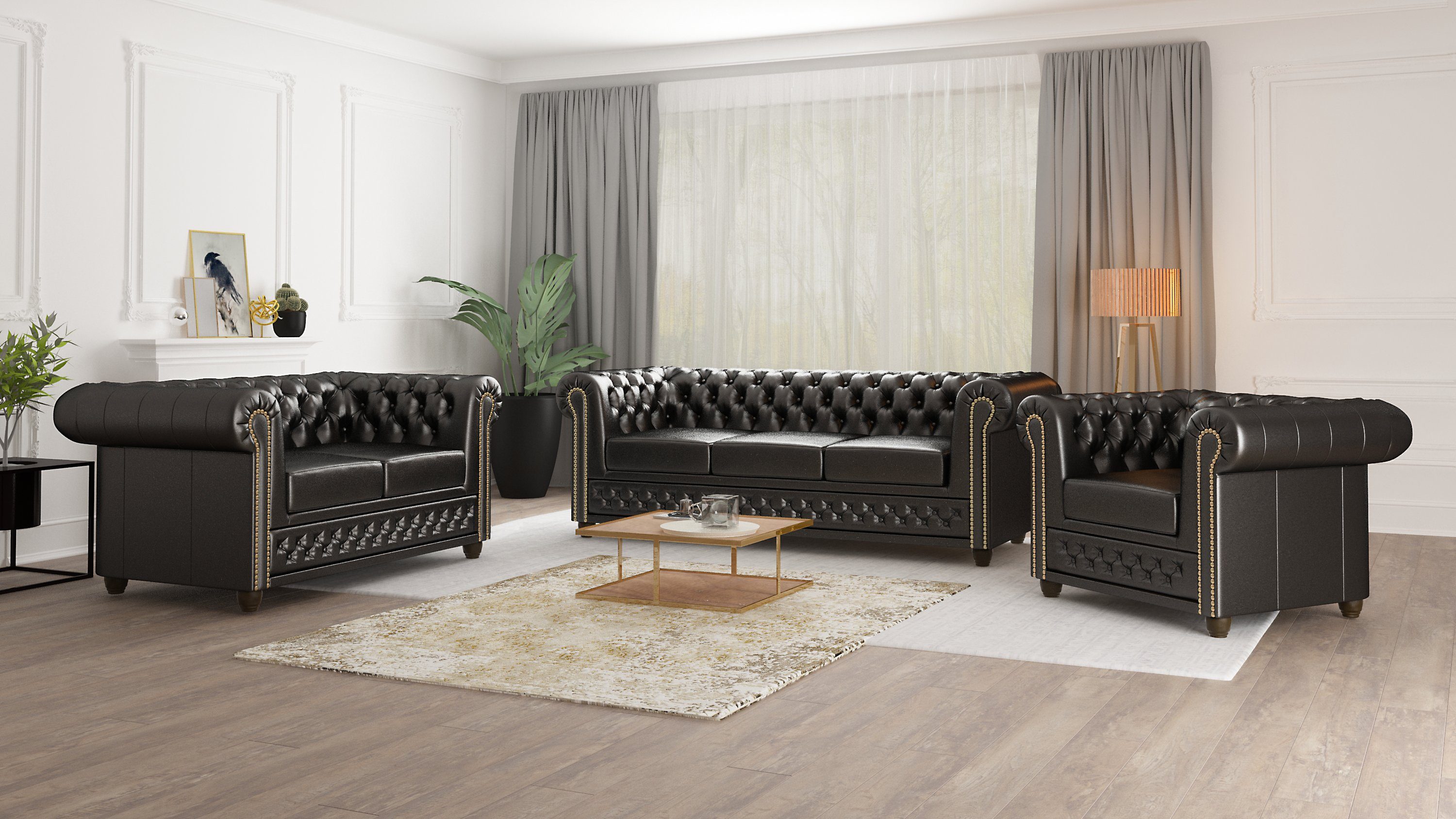 S-Style Möbel 2-Sitzer mit Schlaffunktion, mit Sofa mit Chesterfield Wellenfederung Schwarz Jeff Bettfunktion