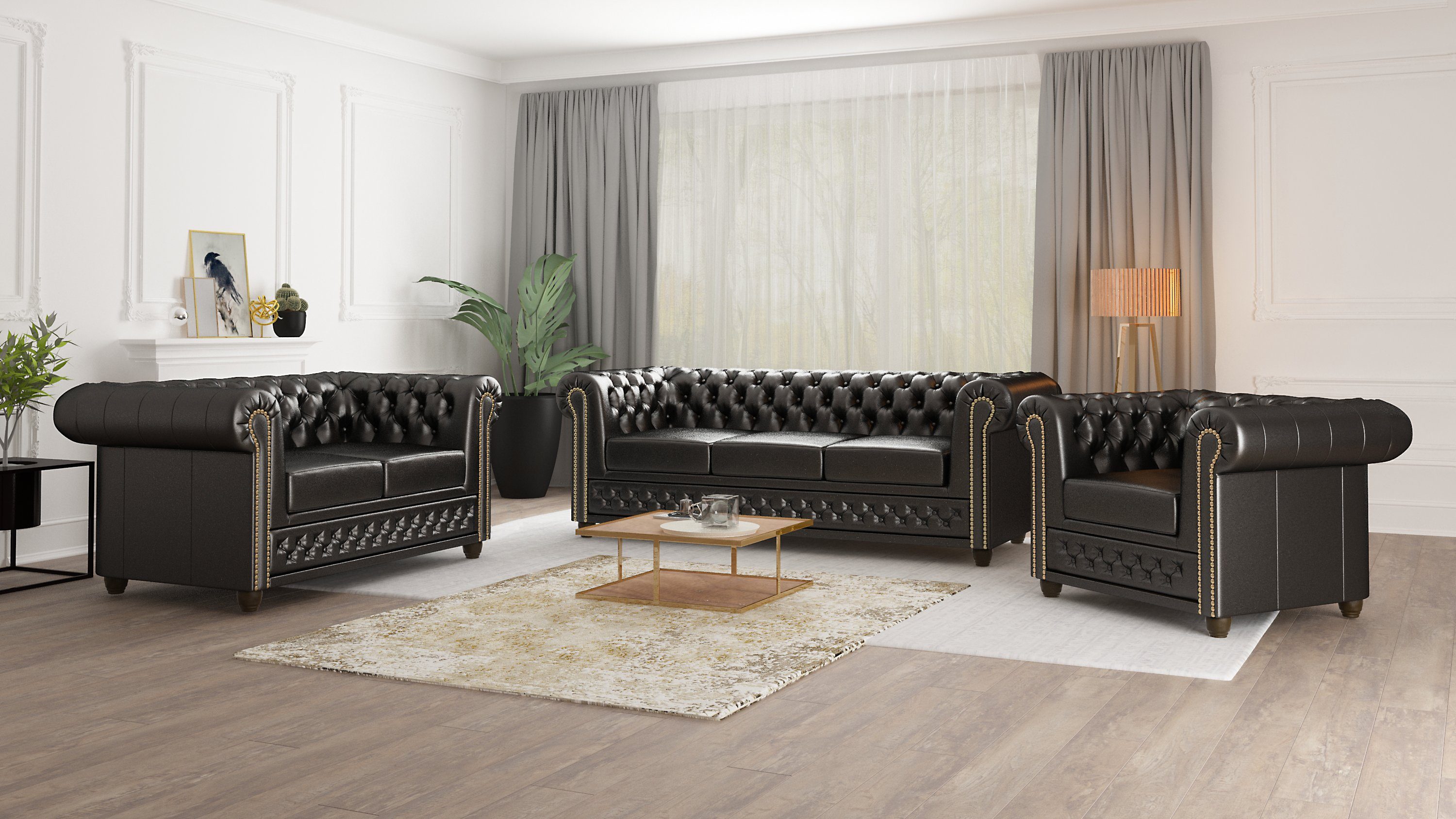 S-Style Möbel Polstergarnitur Chesterfield Jeff mit Schlaffunktion 3+2+1, (3-Sitzer-Sofa mit Schlaffunktion, 2-Sitzer-Sofa mit Schlaffunktion, Sessel), mit Wellenfederung Schwarz