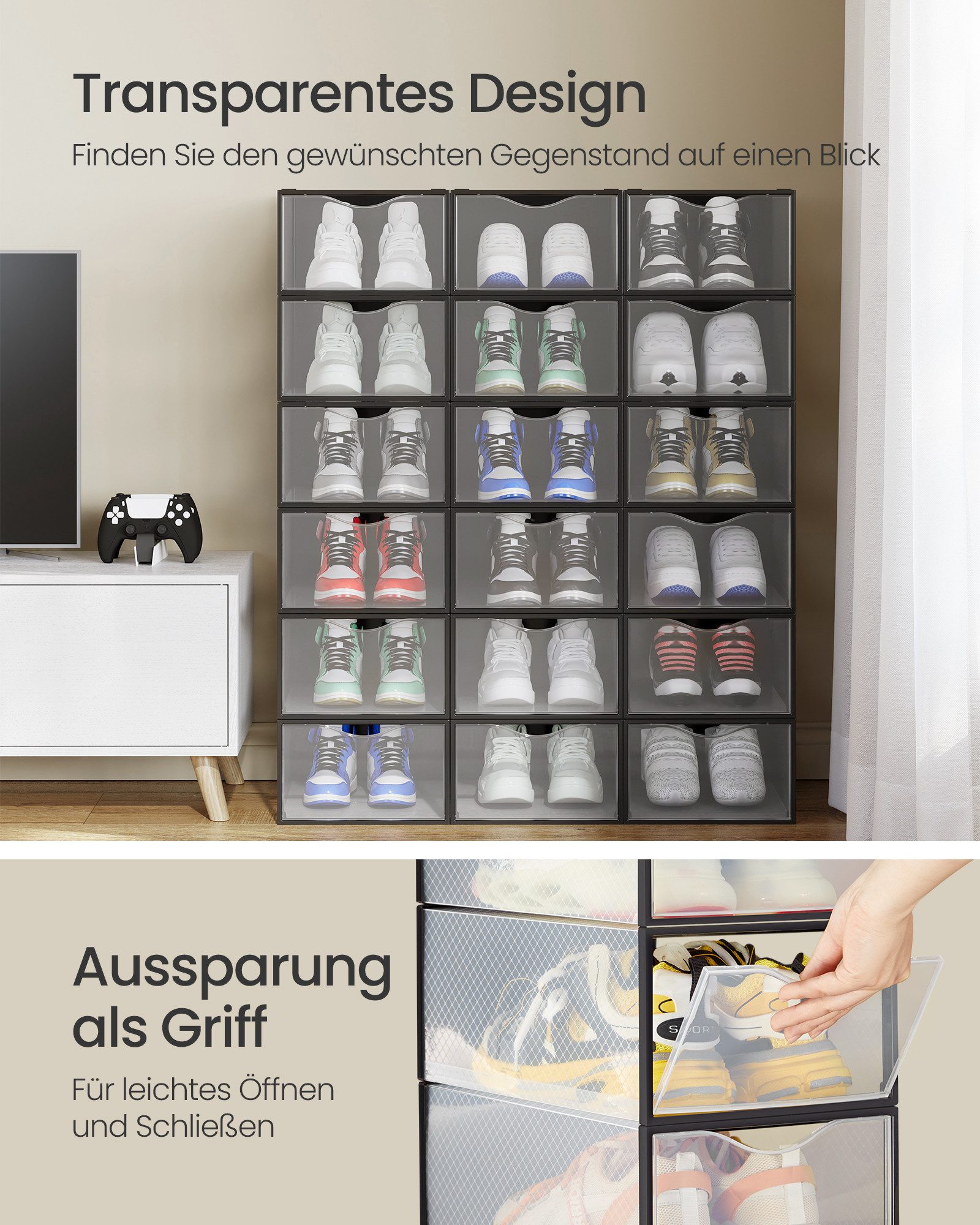SONGMICS Schuhbox Schuh-Organizer aus Kunststoff, mit Tür, durchsichtig, stapelbar (18 St), einfache Montage, 33,2x23x14,5 cm, 18er Set, für Schuhe bis Größe 43 – Bild 4 von 5