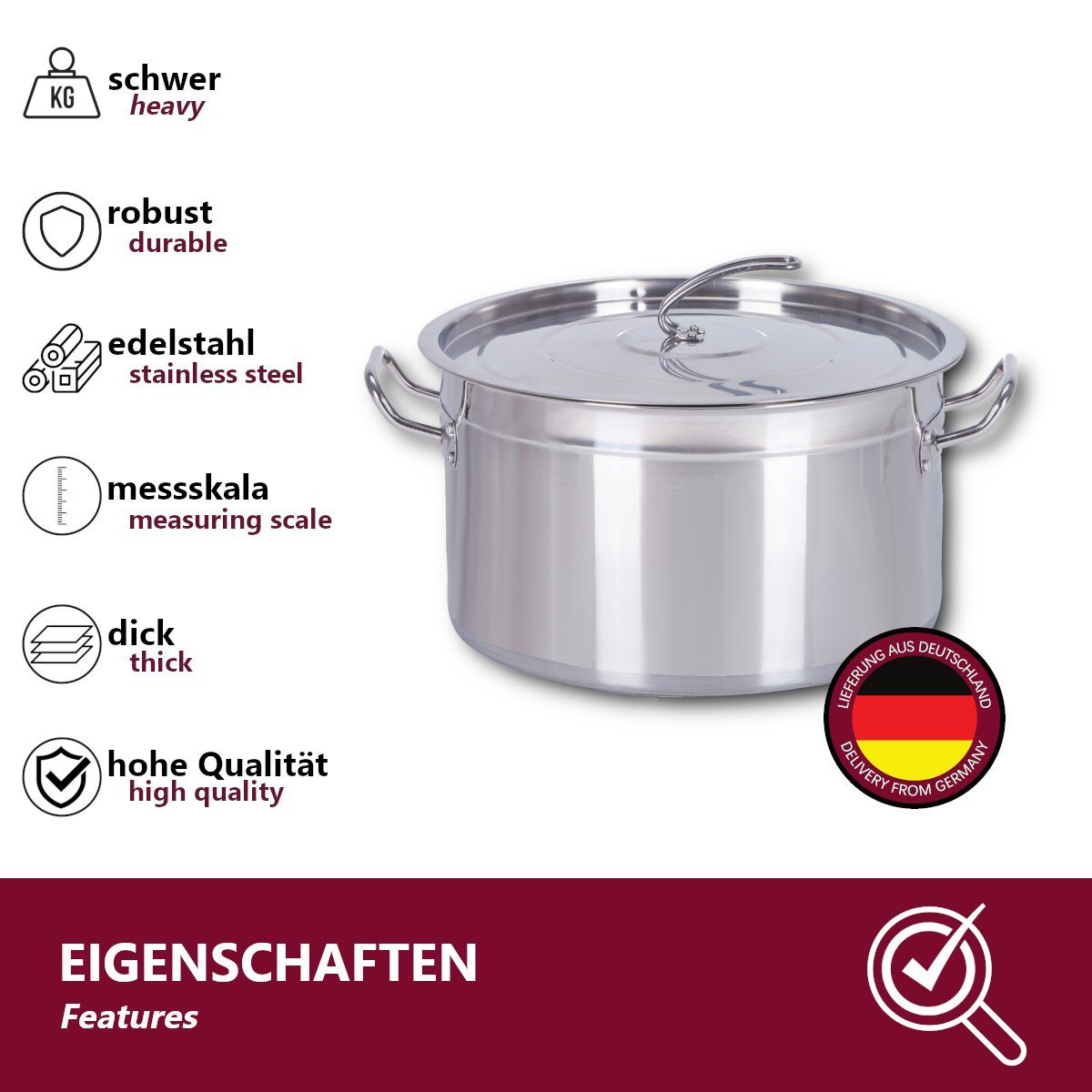 HOOZ Suppentopf Gastronomie Kochtopf Ø 30x20 cm 15 Liter – Großer Universalkochtopf, Edelstahl (XXL Partytopf 15 l mit Deckel, 2-tlg., Induktionsgeeignet, inkl. Deckel und innenliegender Messskala), Großvolumiger Gastro-Topf – für Großküche & Feiern mit großen Mengen