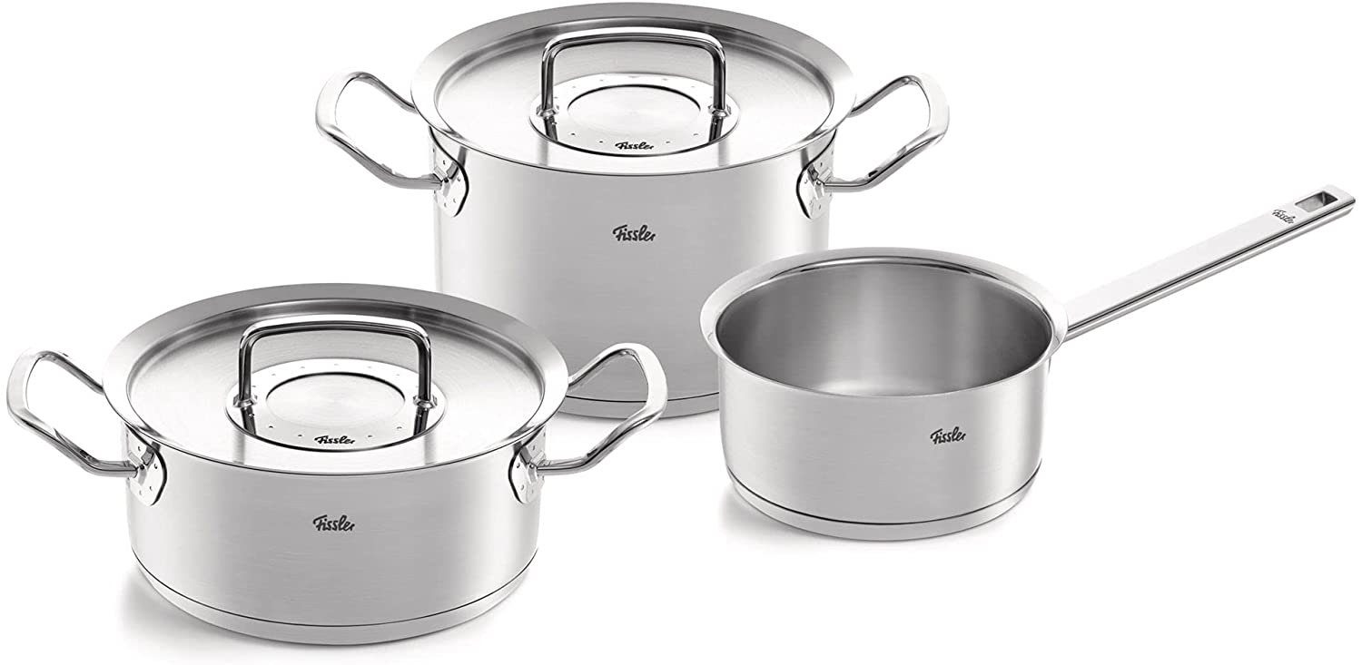 Fissler Topf-Set ORIGINAL-PROFI COLLECTION® Edelstahl-Topfset, Edelstahl 18/10 (1-tlg., 1x Bratentopf Ø 20 cm, 1x Kochtopf Ø 20 cm, 1x Kasserolle Ø 16 cm), mit breitem Schüttrand, Kaltmetallgriffen. Made in Germany
