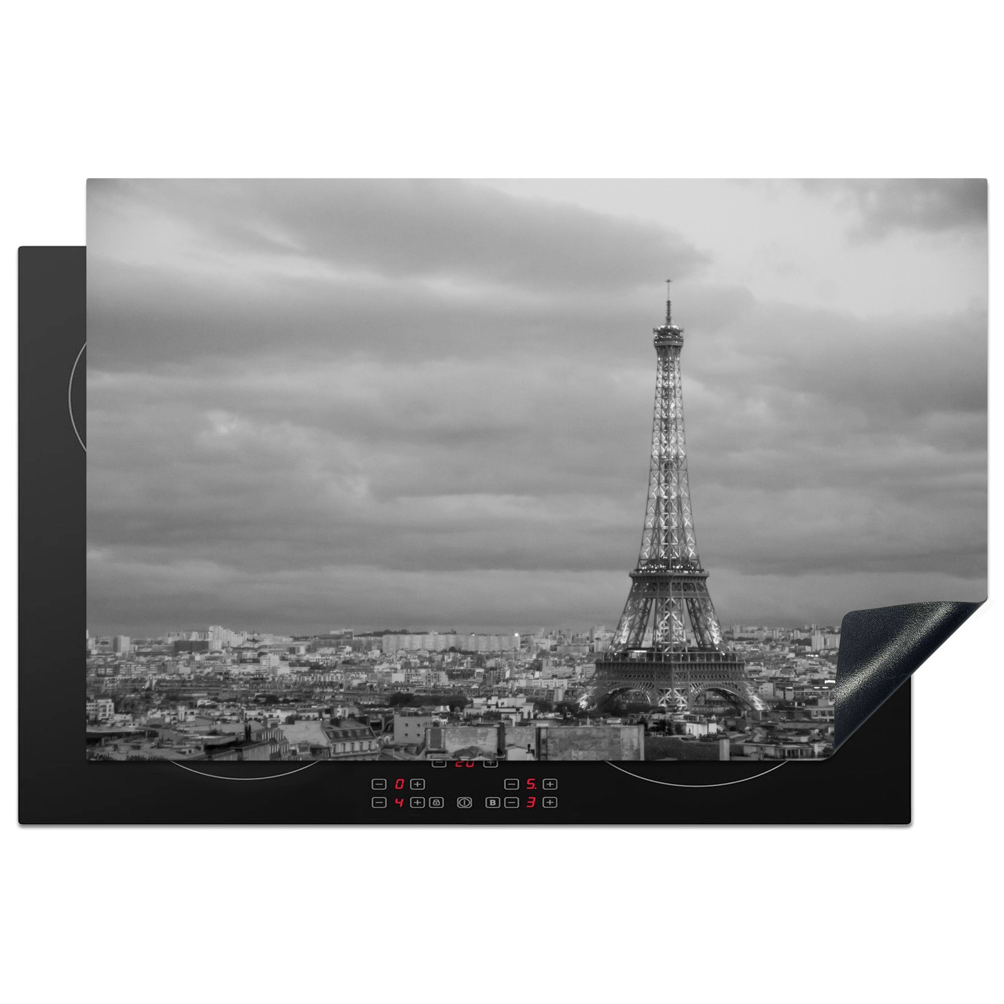 MuchoWow Herdblende-/Abdeckplatte Beleuchteter Eiffelturm in der Abenddämmerung, Vinyl, (1 tlg), 81x52 cm, Induktionskochfeld Schutz für die küche, Ceranfeldabdeckung
