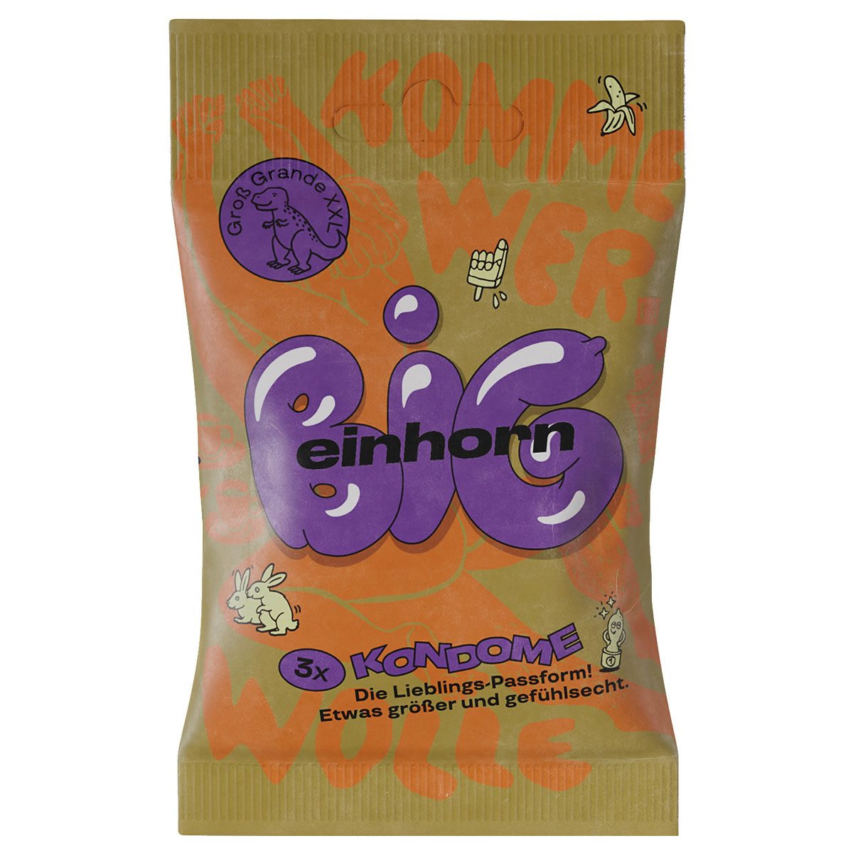 einhorn XXL-Kondome BIG (57mm Breite + Comfort-Form) Packung mit, 3 St., Fairstainability Презервативы - kreativ, umweltbewusst & fair gehandelt, vegane Презервативы in der Chipstüte