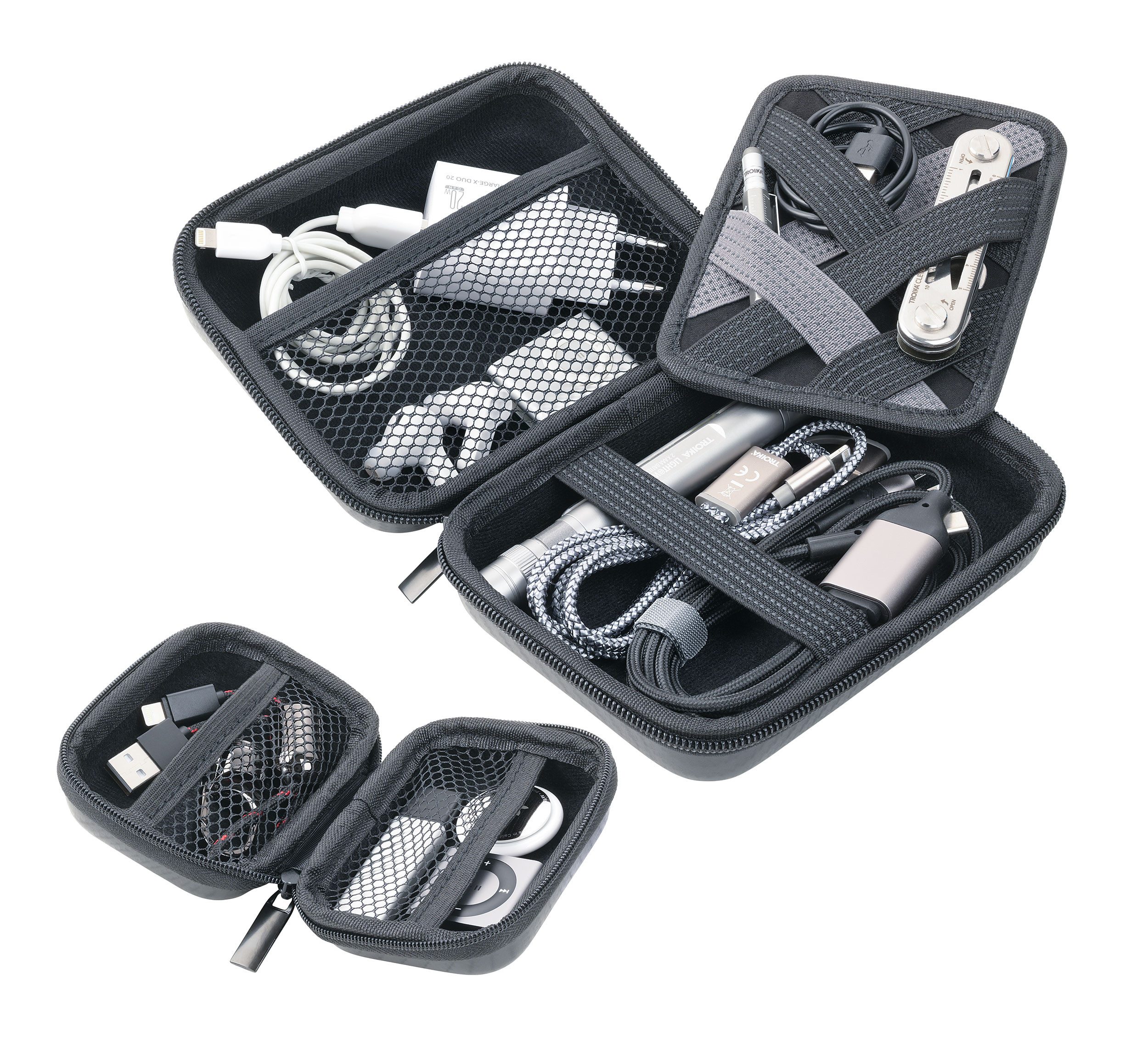 TROIKA Organizer ONPACK Set Hardcover Etui – Tasche für Elektronik & Reiseaccessoires (Spar-Set, 2 St., entnehmbarer Elastikband-Einlage), kompakt & stapelbar, in Braun, Carbon oder Schwarz, 2 Fächer