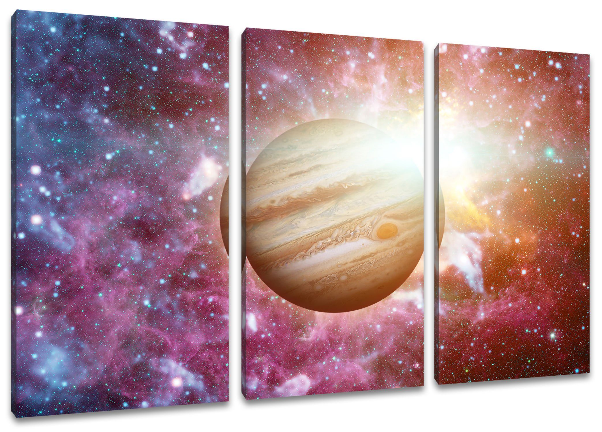 Vollendung Pixxprint Leinwandbild inkl. Jupiter 3Teiler St), (120x80cm) Universum, im Jupiter (1 Zackenaufhänger im bespannt, Leinwandbild Universum Planet fertig Planet