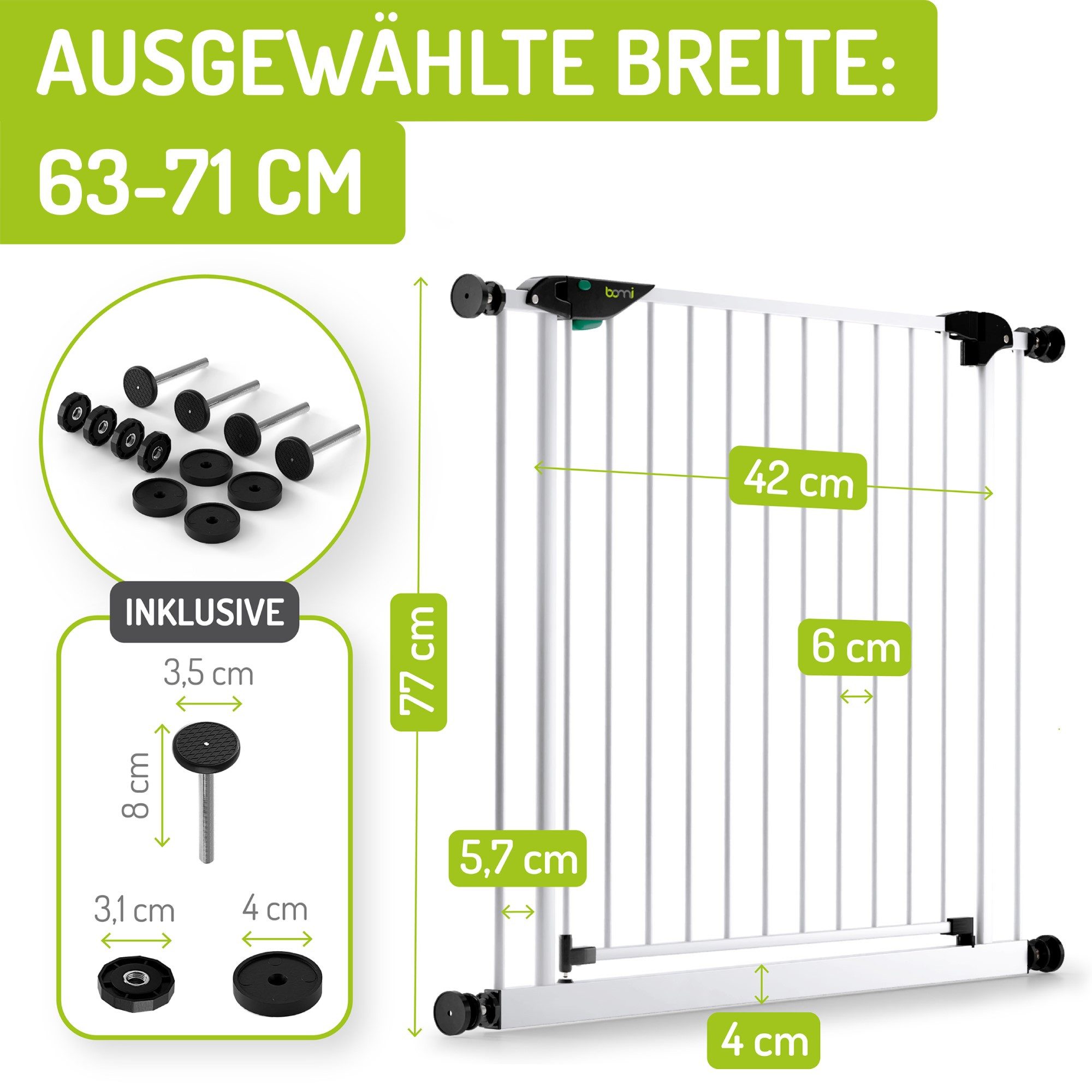 BOMI Türschutzgitter Kinderschutzgitter ohne Bohren Mira 63-251 cm, Treppengitter Metall (verschiedene Größen, geprüftes Treppenschutzgitter ohne Bohren mit Sicherheitsverschluss), Babygitter selbstschließend & mit 90 Grad Feststellfunktion der Tür