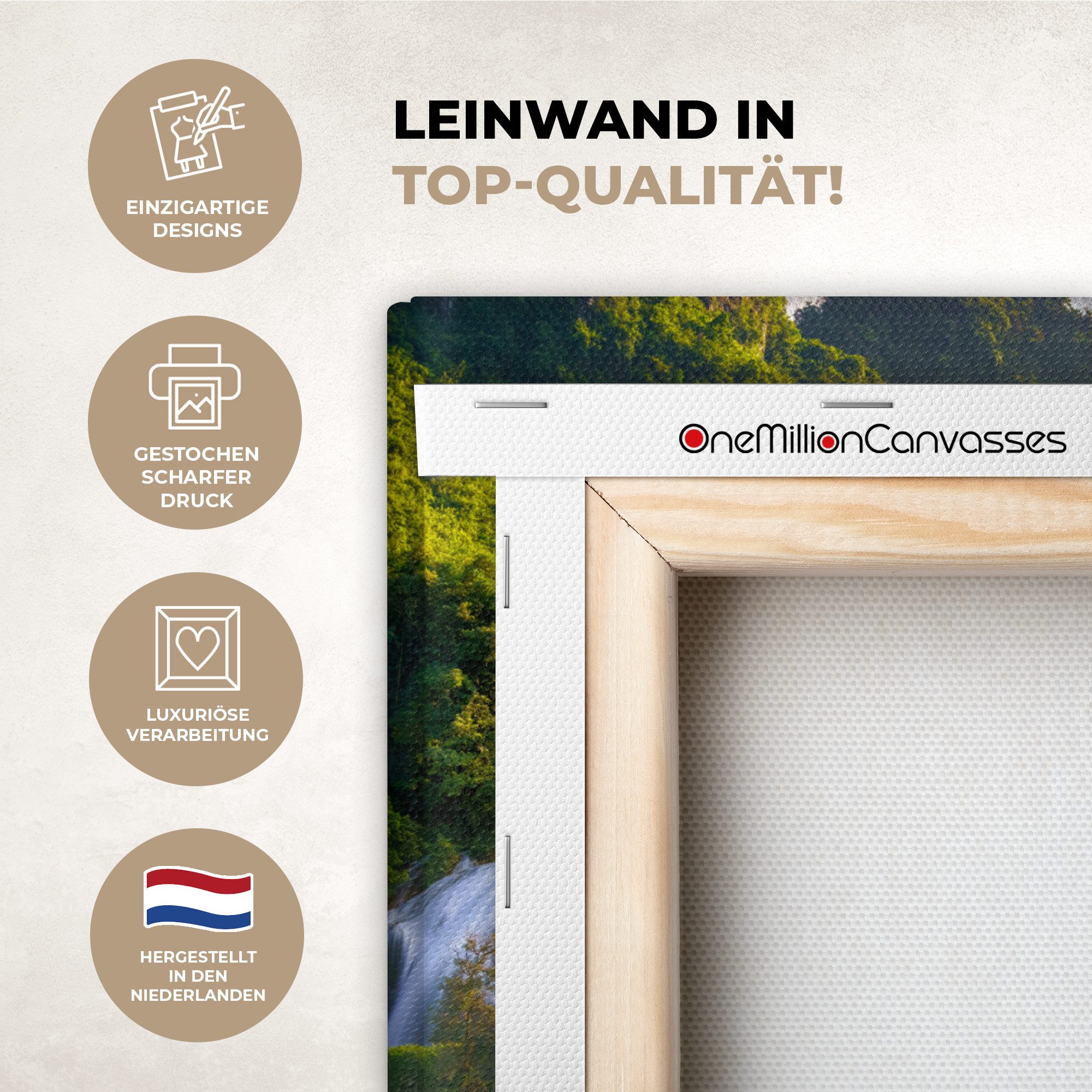 OneMillionCanvasses® Leinwandbild Wasserfall - Pflanzen - Sonne - Wasser - Natur, Fotodruck (1 St), Wandbild Leinwandbilder, Aufhängefertig, Wanddeko 40x30 cm