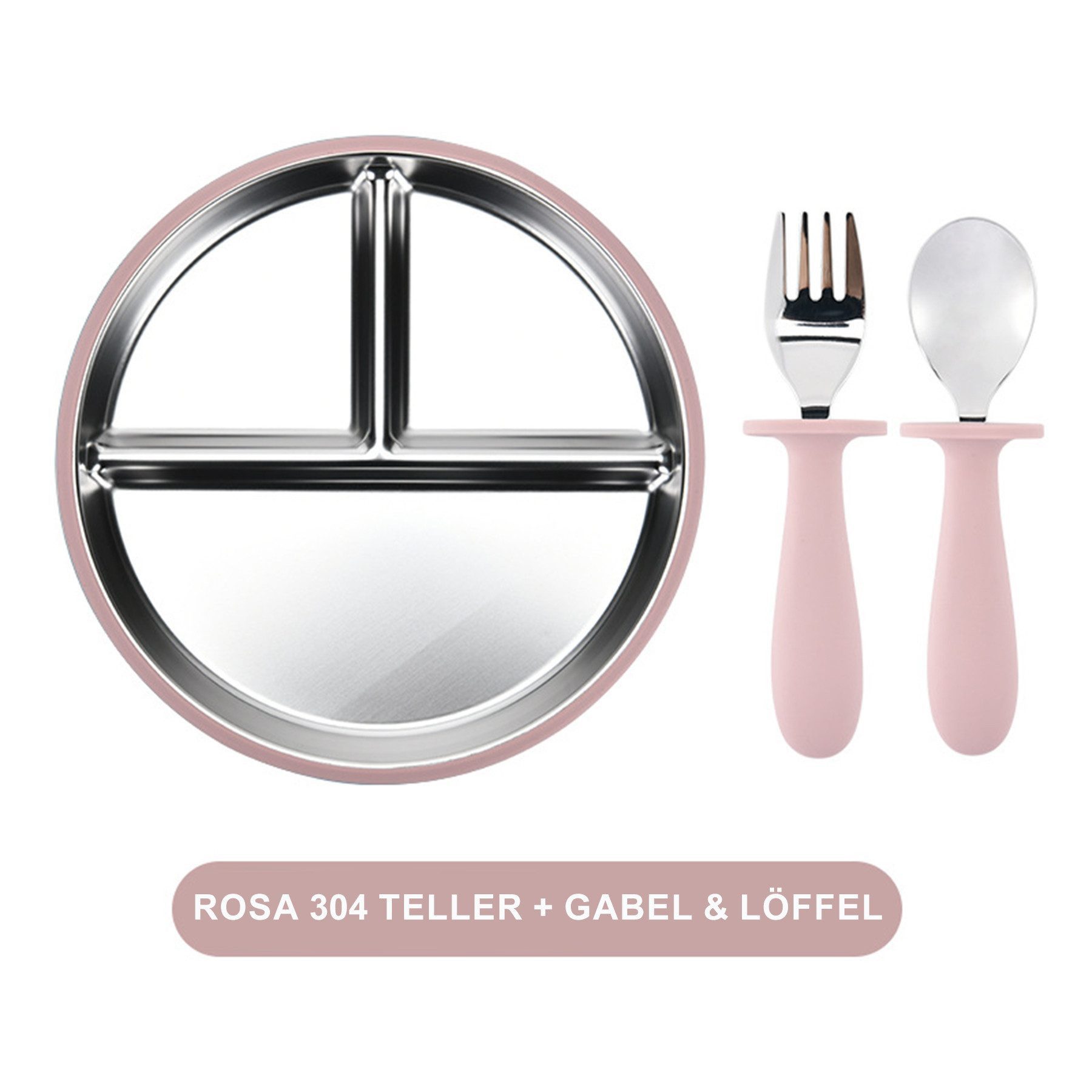 Mutig Kindergeschirr-Set 3 Stück Edelstahl Baby Teller mit Silikon Saugnapf mit Löffeln&Gabeln, 1 Personen, Spülmaschinenfest & BPA Frei mit Unterteilung,Für Kinder geeignet